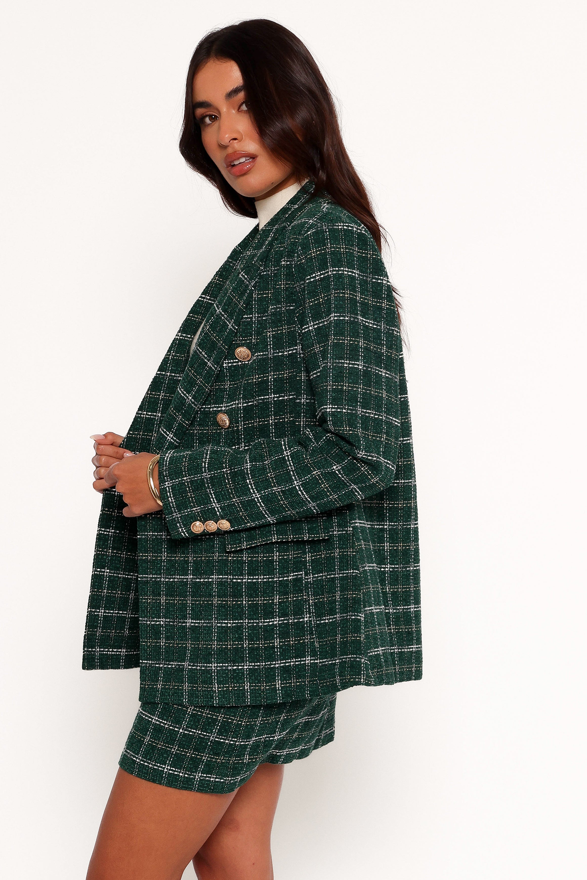 Jules Twill Plaid Blazer - Green-Aur Fashion