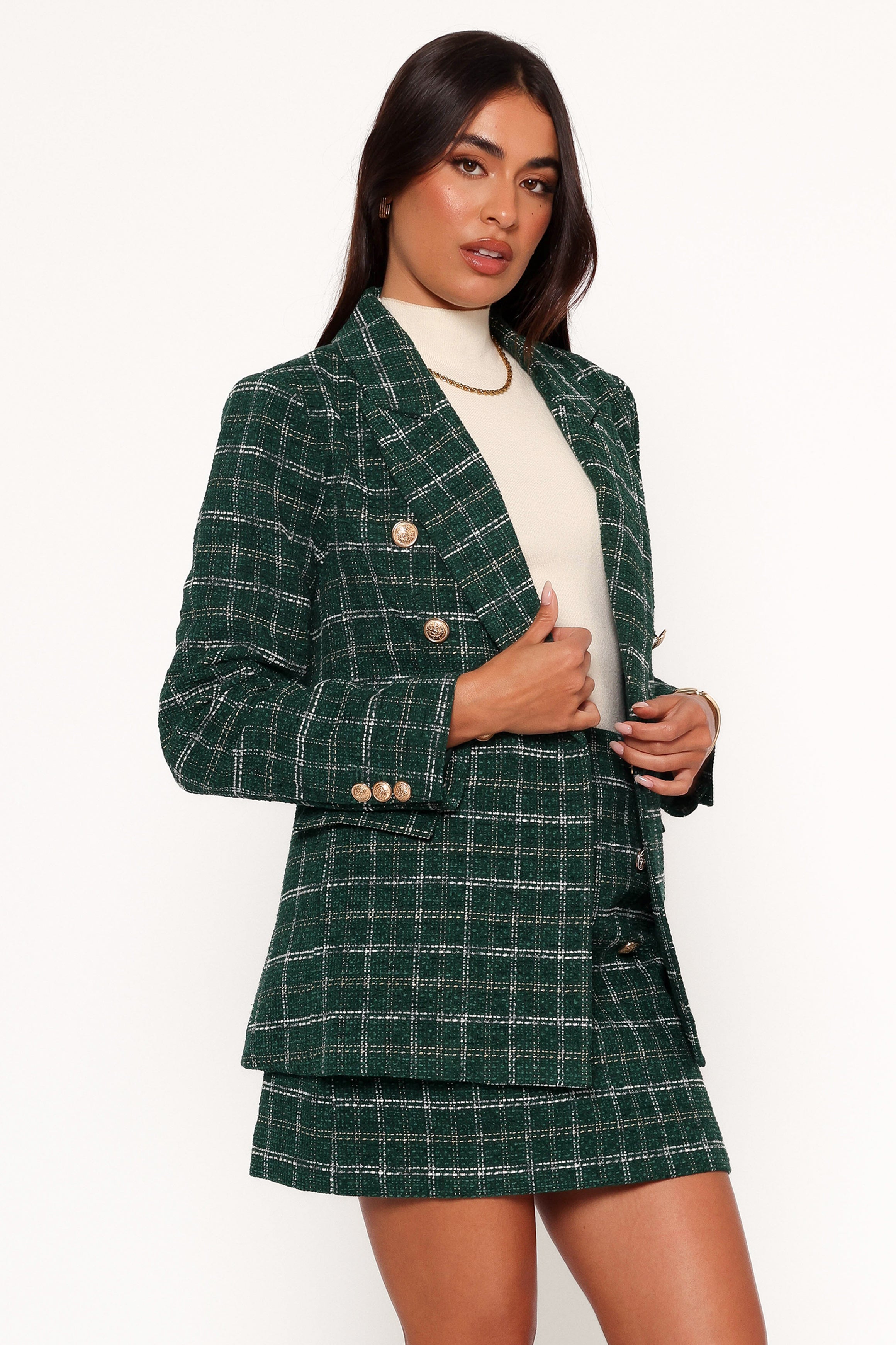 Jules Twill Plaid Blazer - Green-Aur Fashion