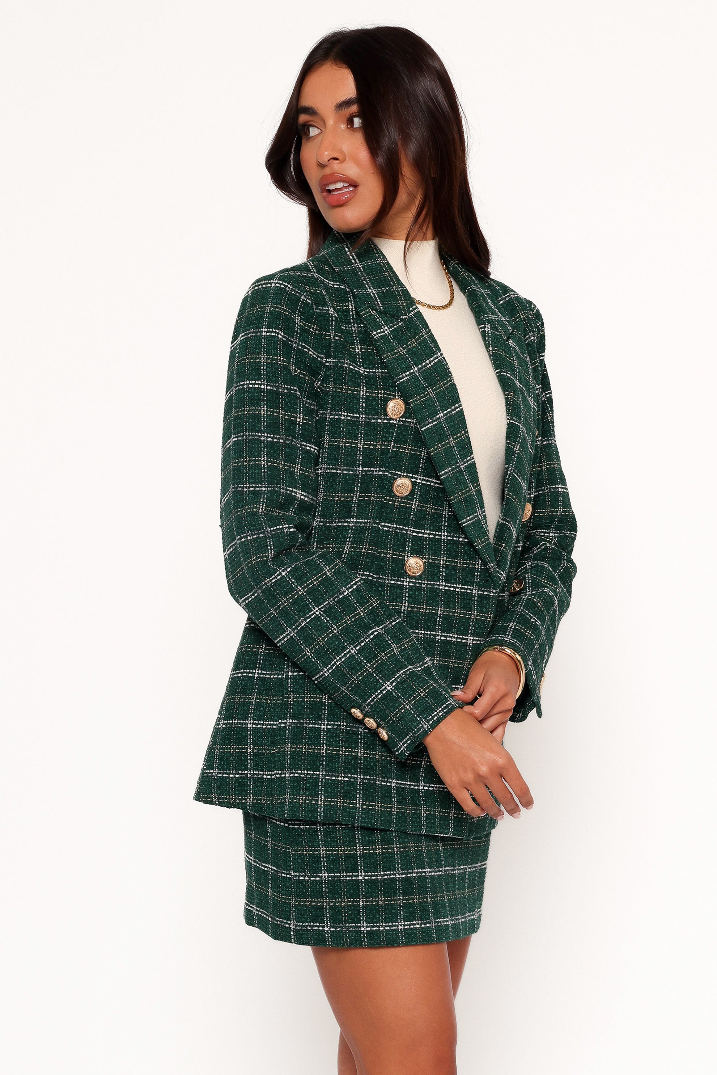 Jules Twill Plaid Blazer - Green-Aur Fashion