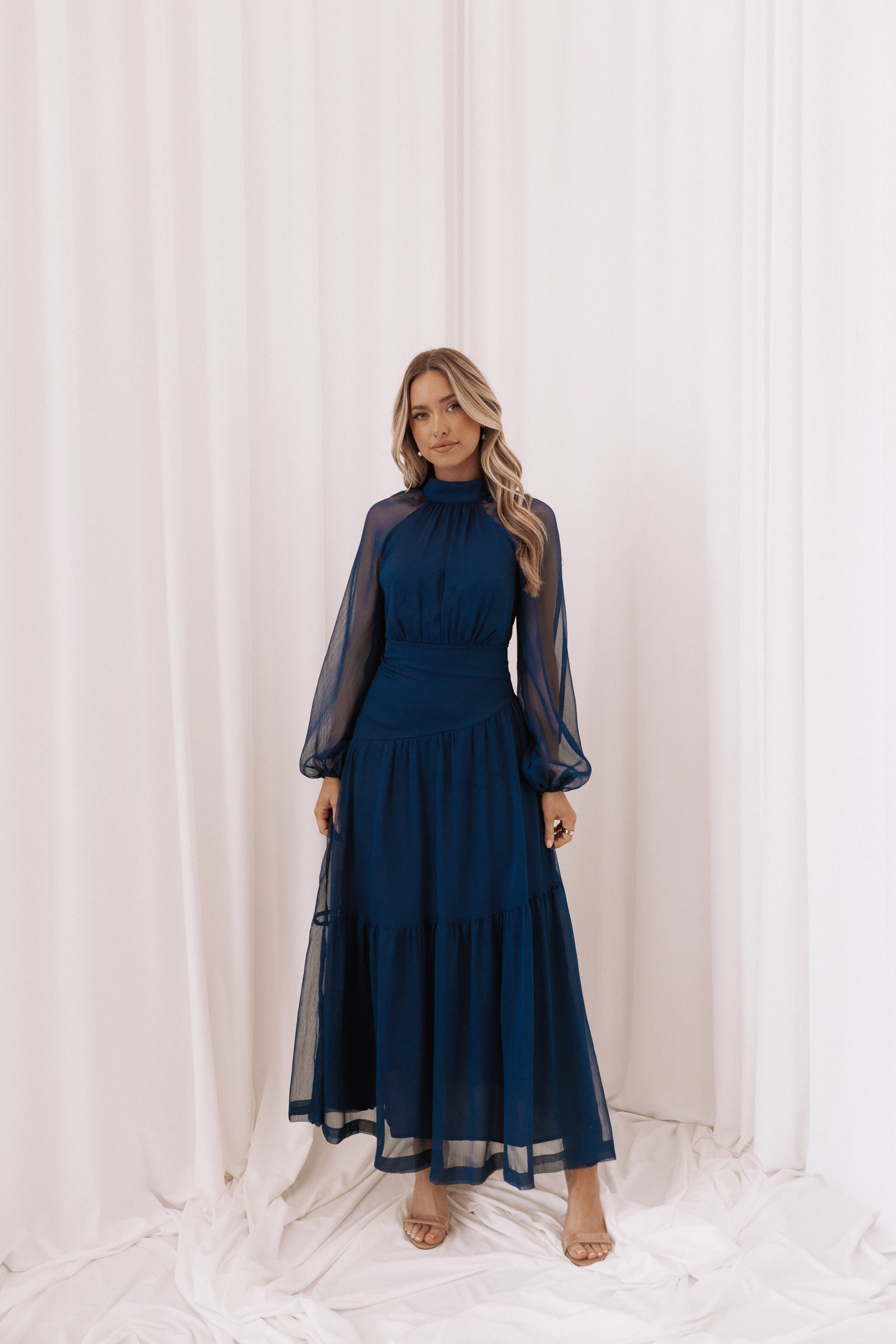 Julip Sheer Long Sleeve Maxi Dress - Navy-Aur Fashion