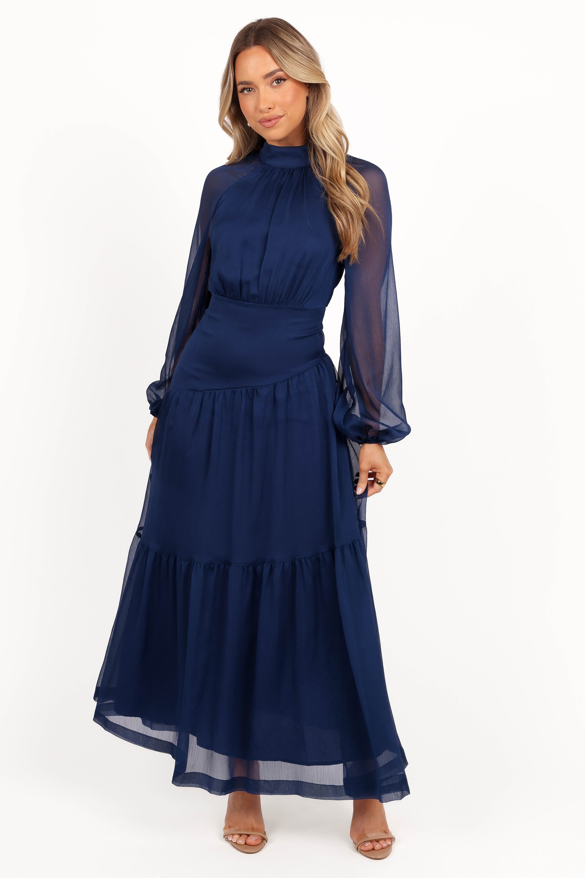 Julip Sheer Long Sleeve Maxi Dress - Navy-Aur Fashion