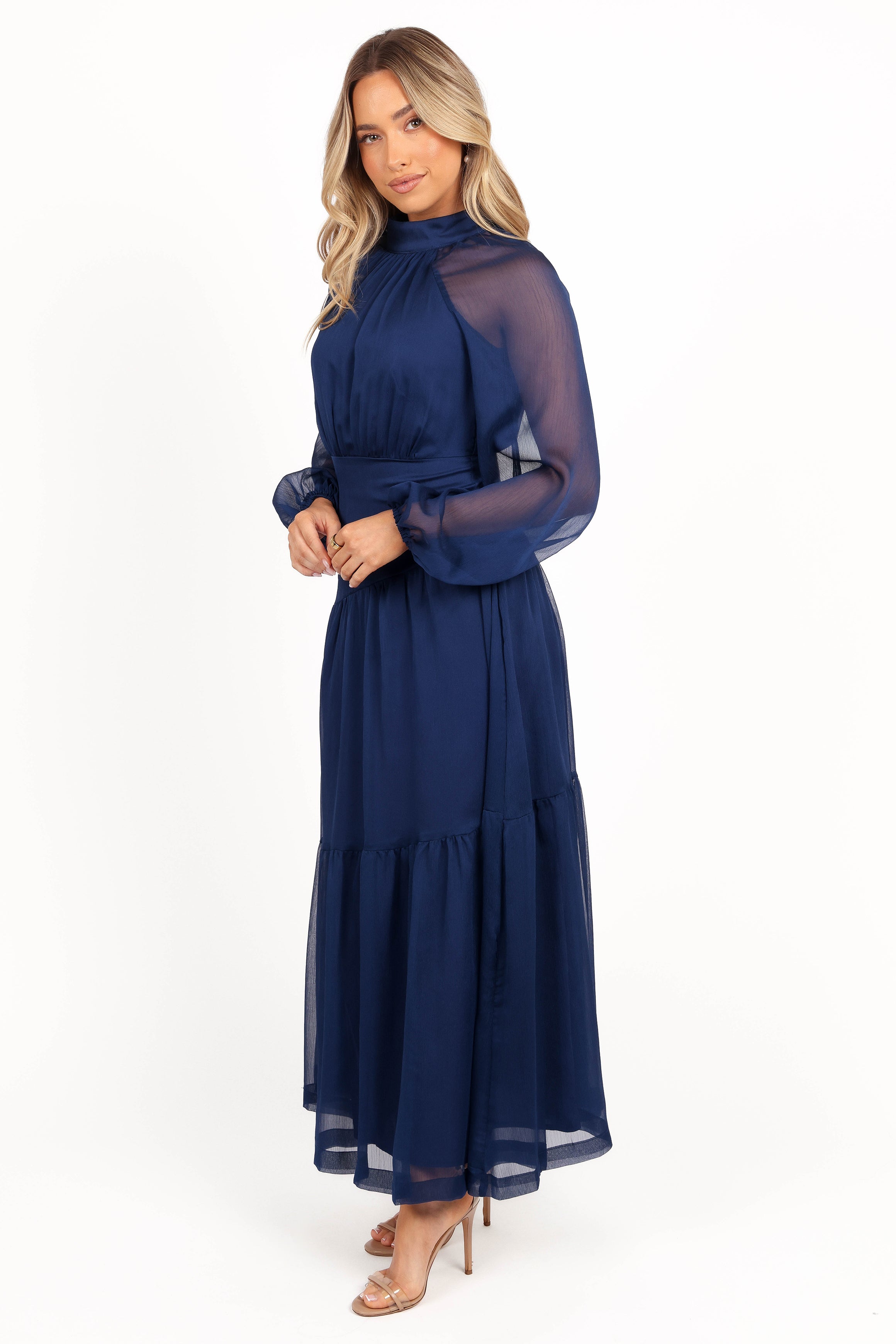 Julip Sheer Long Sleeve Maxi Dress - Navy-Aur Fashion