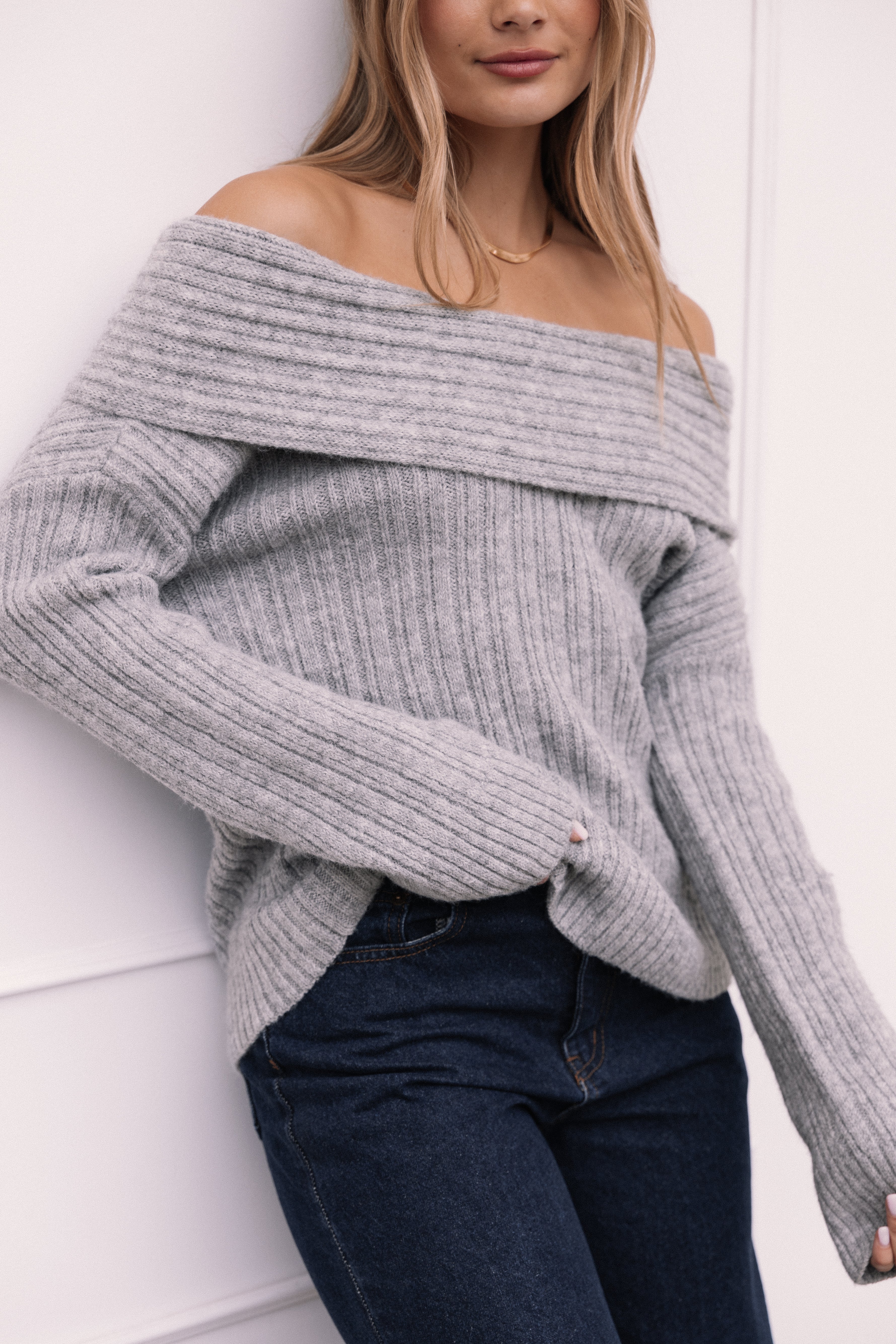 Kenny Off Shoulder Knit Sweater - Grey-Aur Fashion
