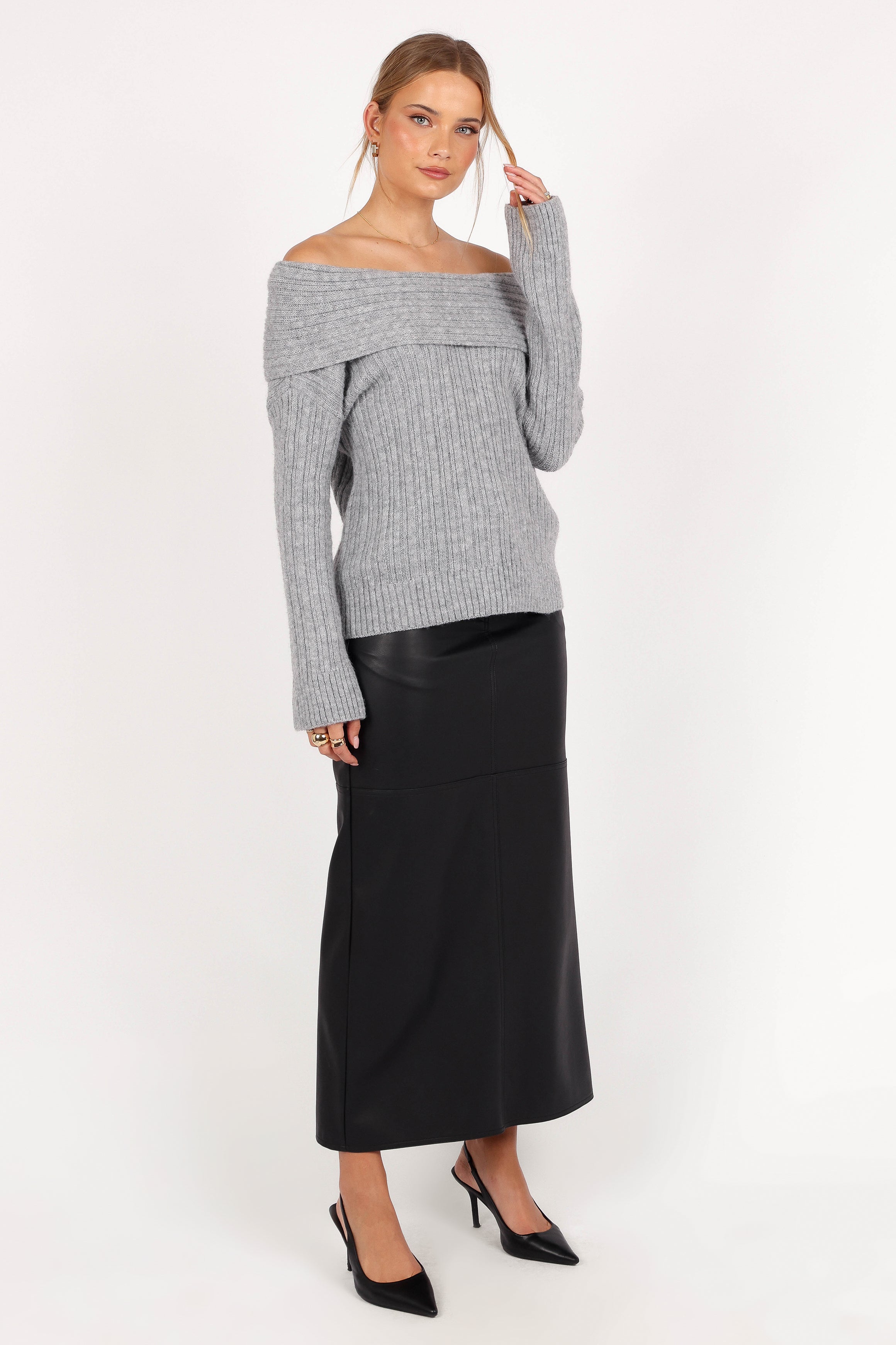 Kenny Off Shoulder Knit Sweater - Grey-Aur Fashion