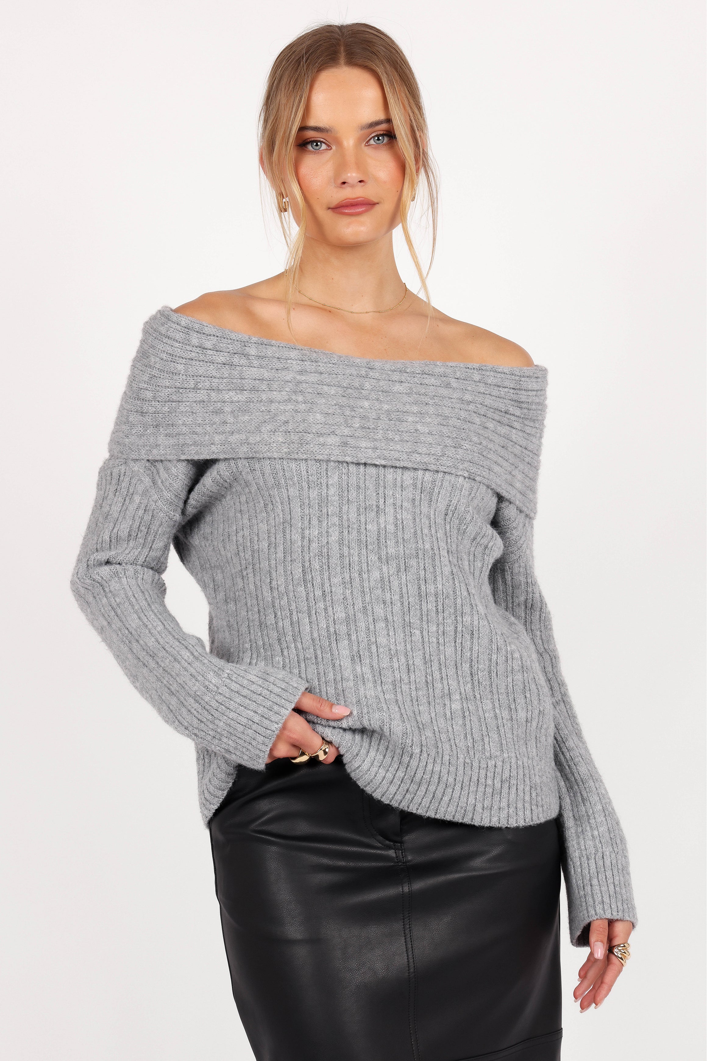 Kenny Off Shoulder Knit Sweater - Grey-Aur Fashion