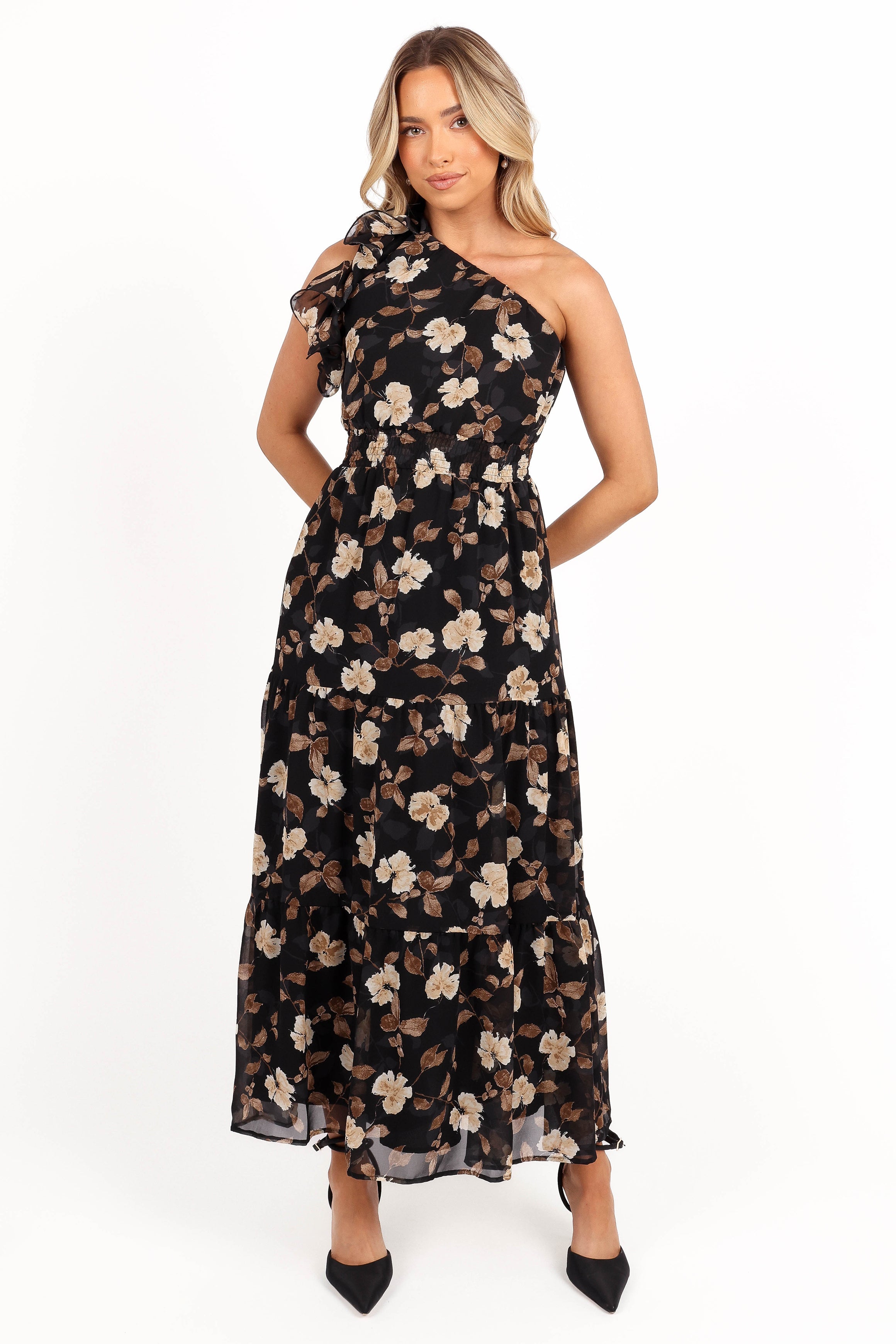 Layley One Shoulder Maxi Dress - Black Floral-Aur Fashion