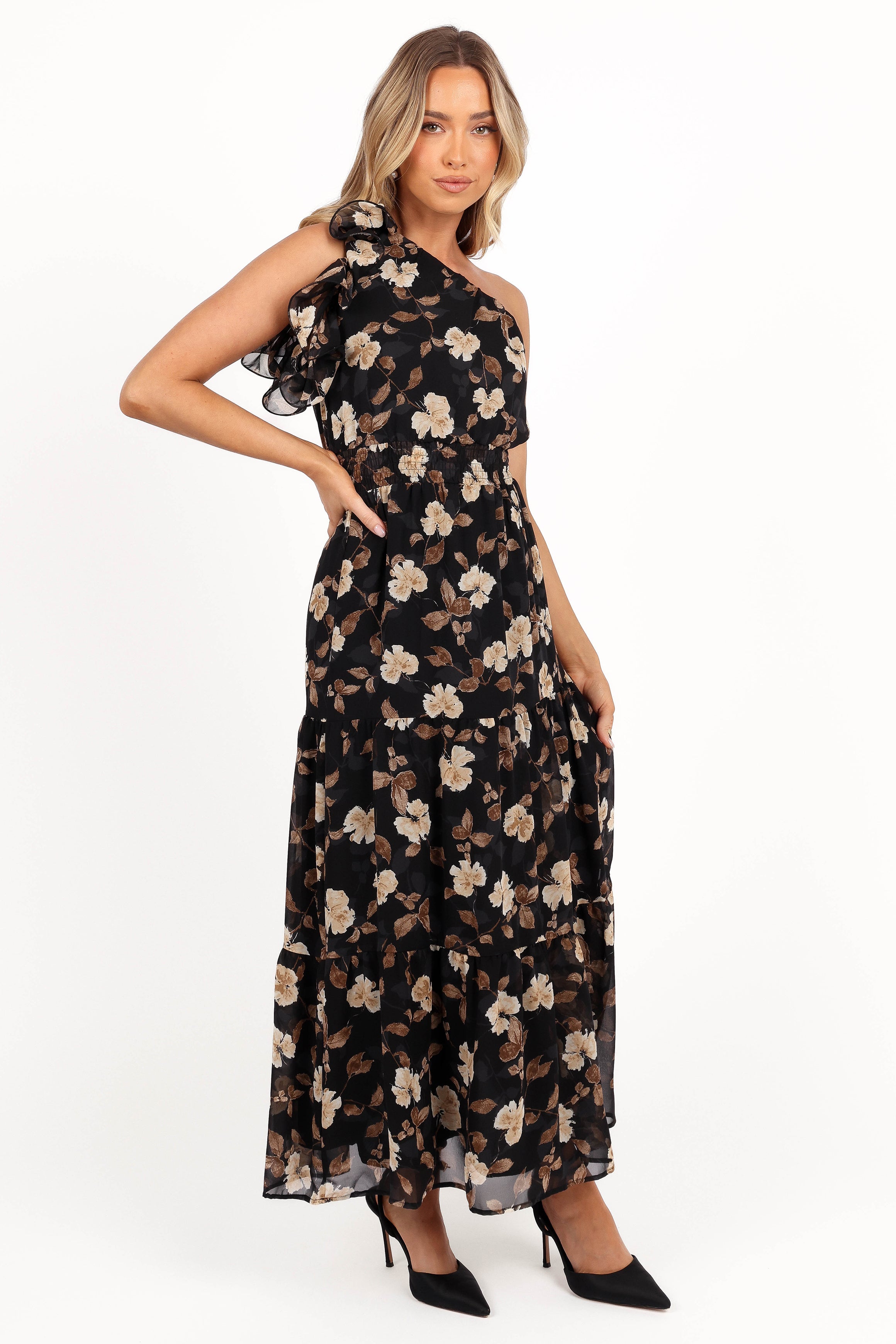 Layley One Shoulder Maxi Dress - Black Floral-Aur Fashion