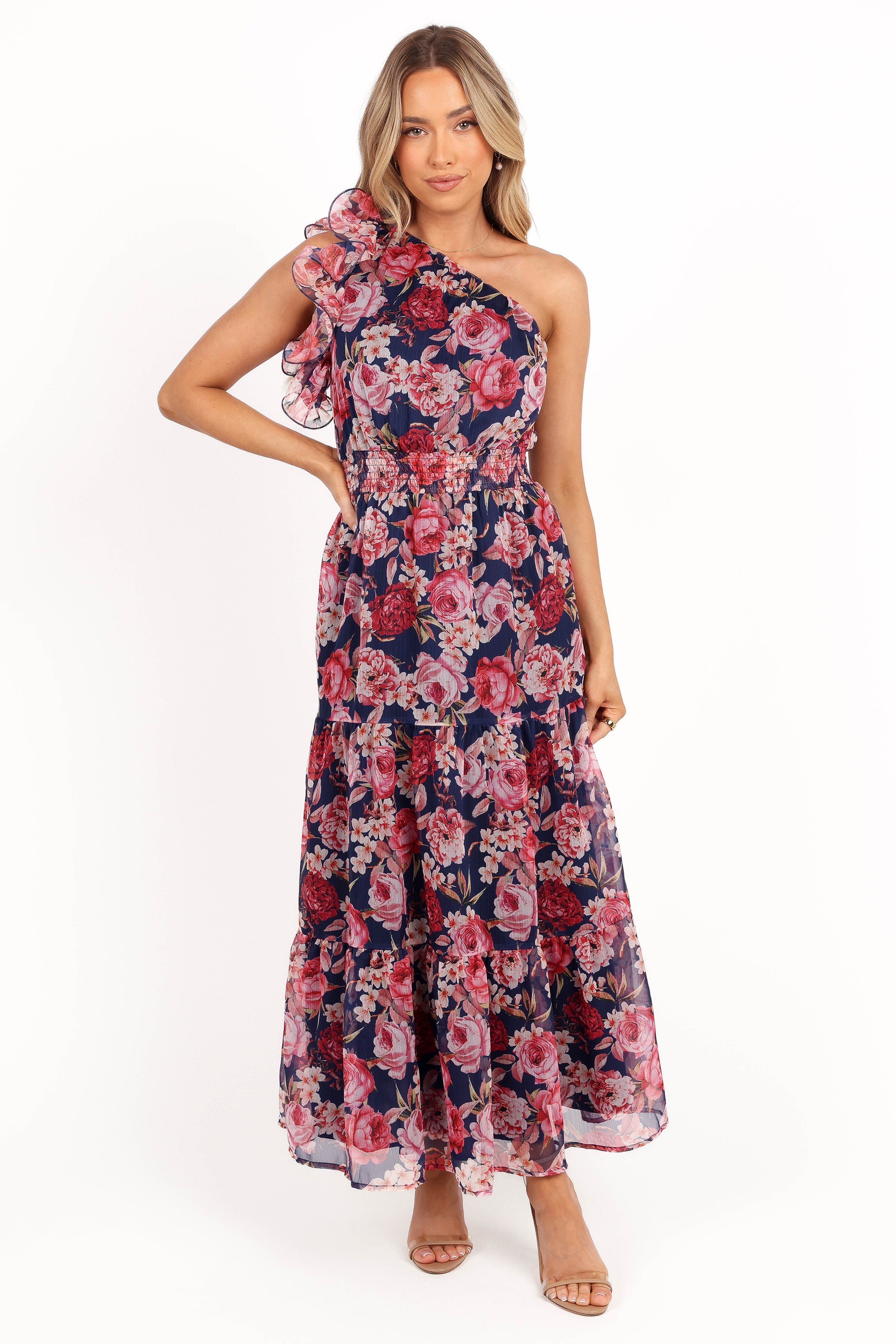 Layley One Shoulder Maxi Dress - Navy Floral-Aur Fashion