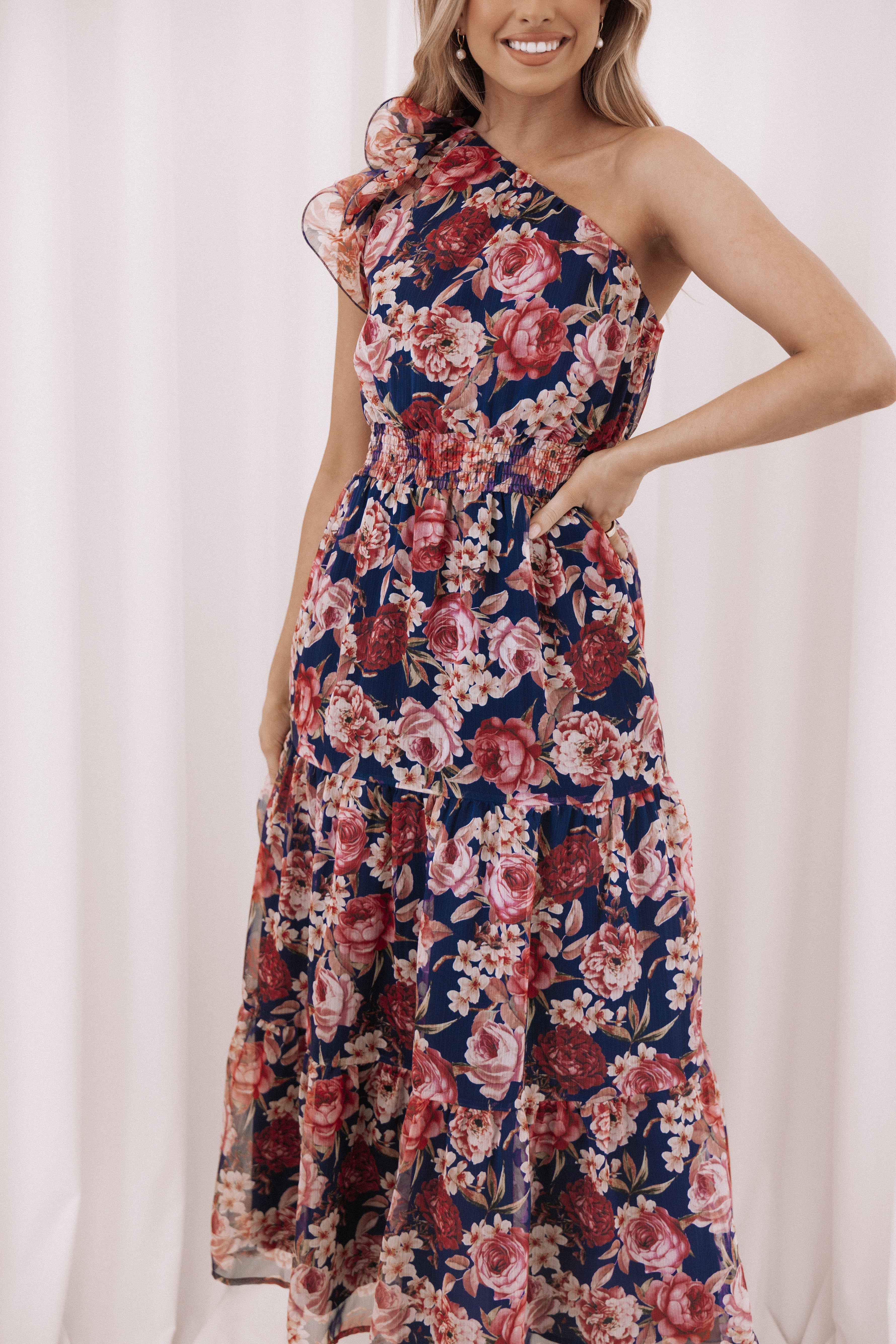 Layley One Shoulder Maxi Dress - Navy Floral-Aur Fashion