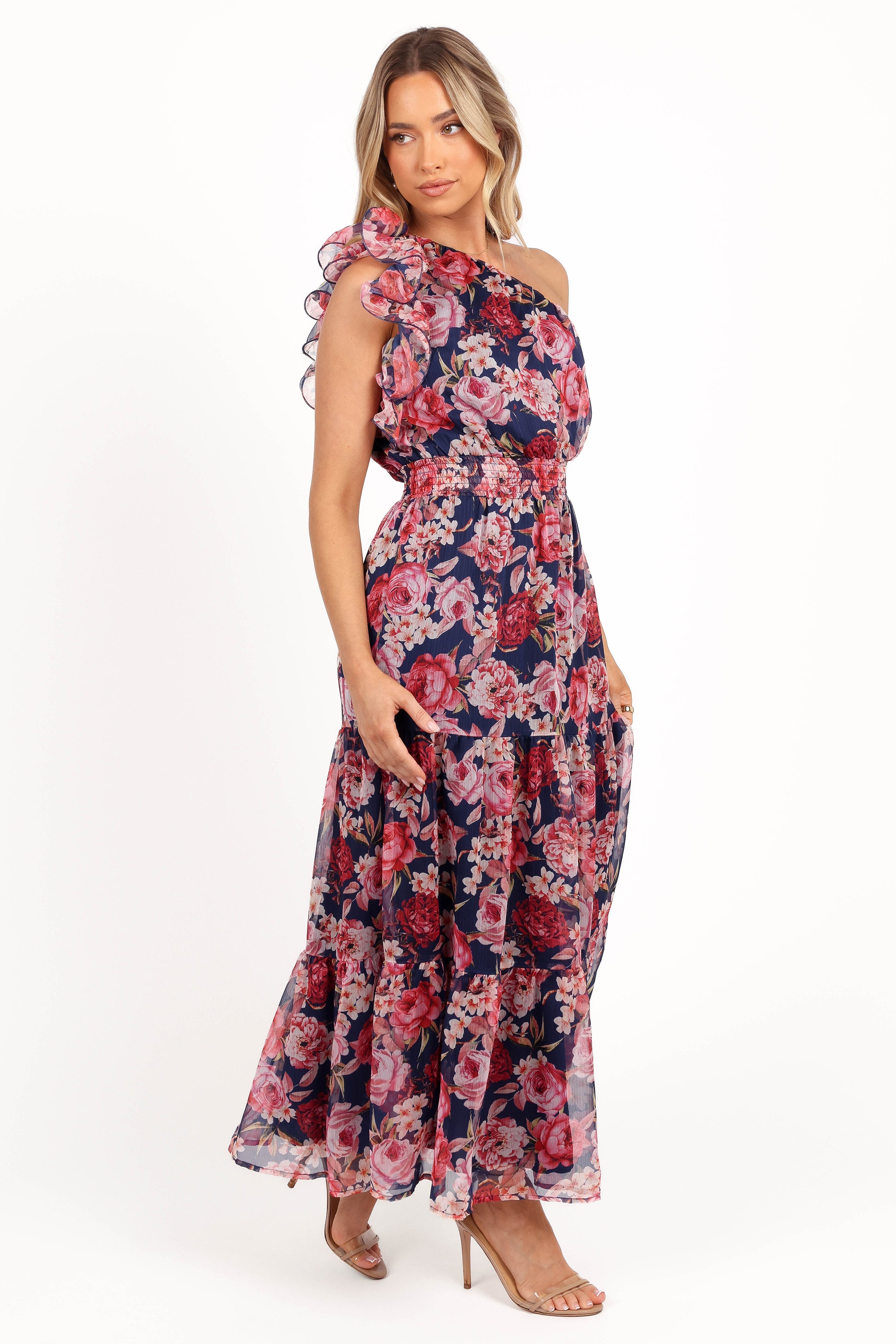 Layley One Shoulder Maxi Dress - Navy Floral-Aur Fashion