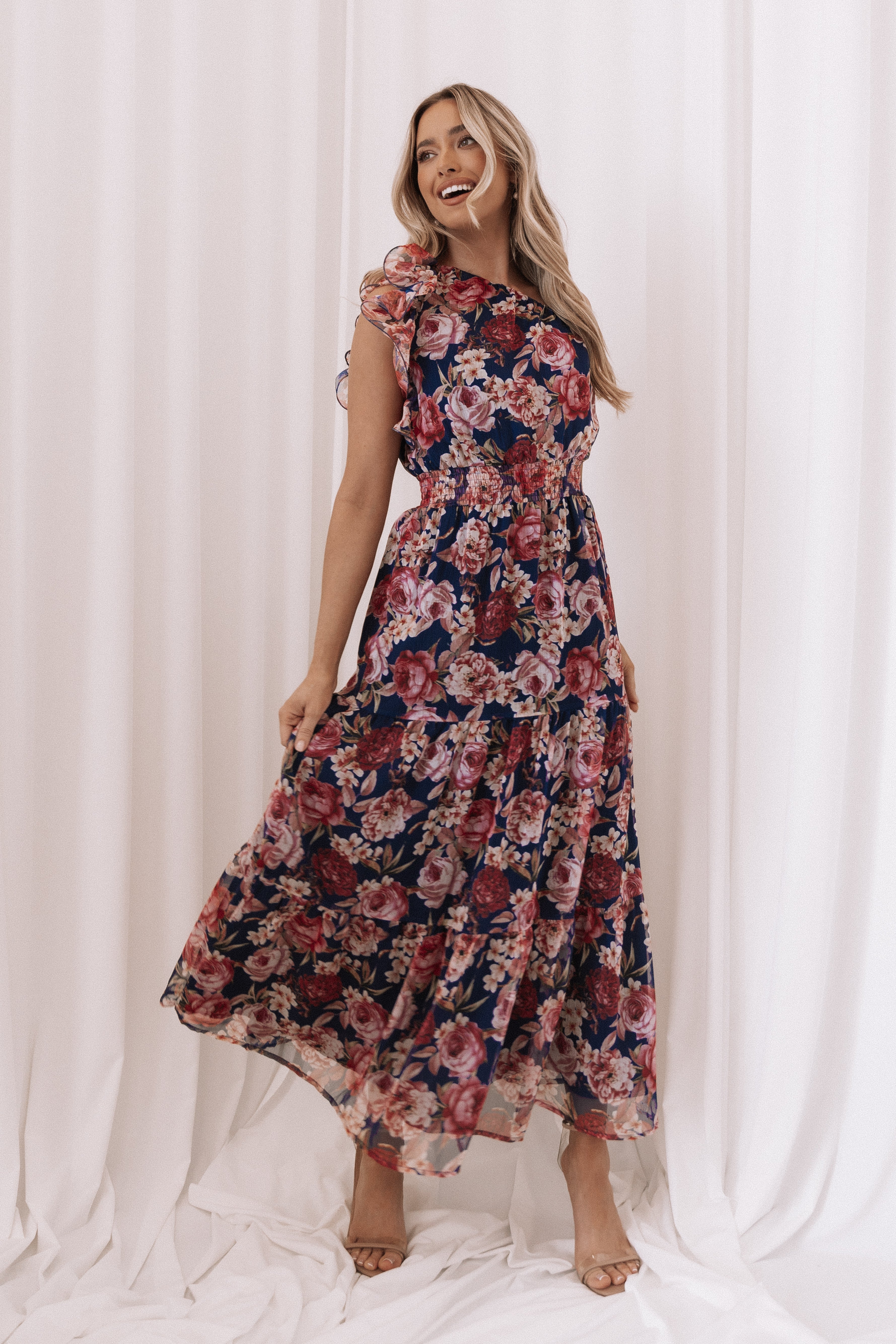 Layley One Shoulder Maxi Dress - Navy Floral-Aur Fashion