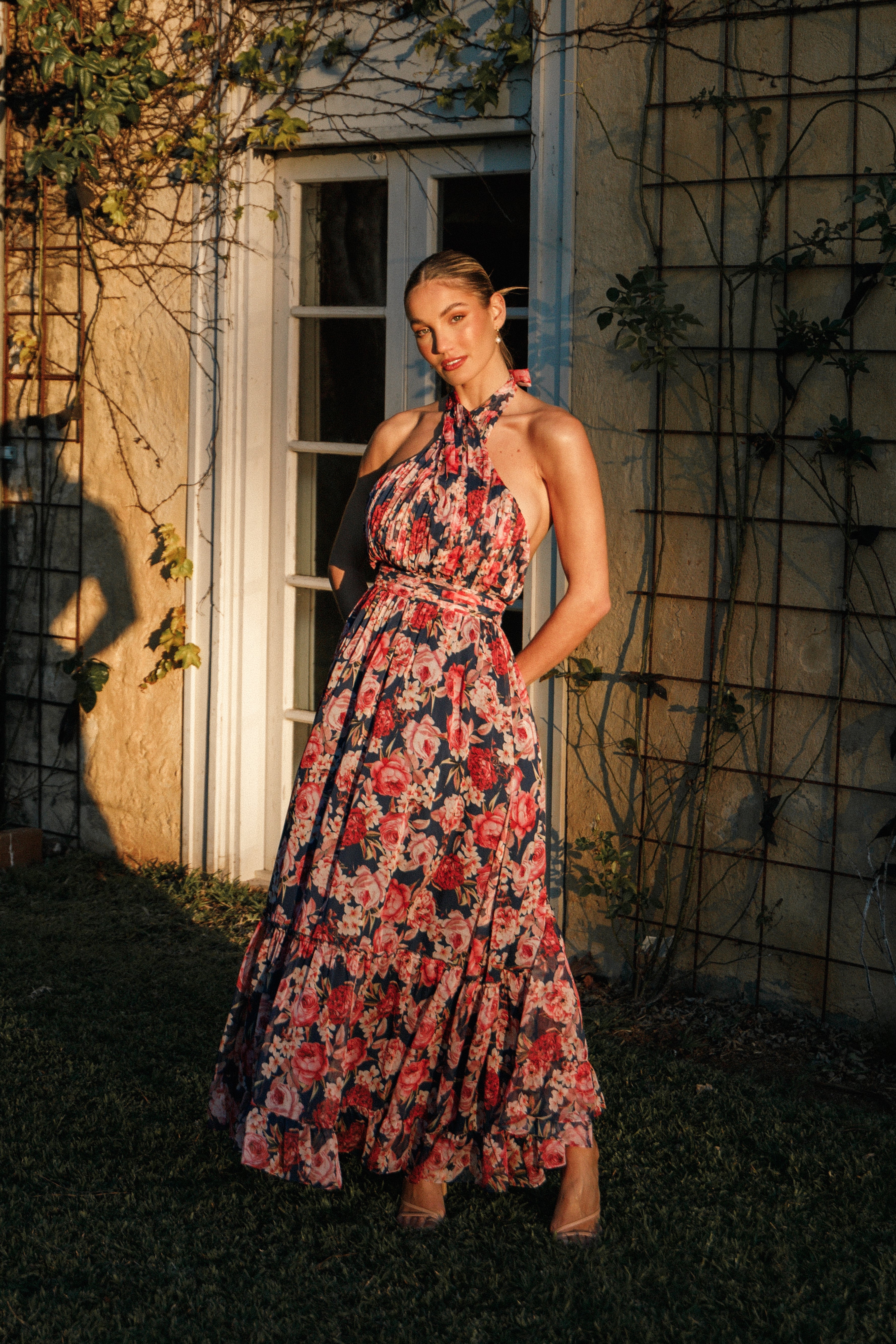 Lennon Halterneck Maxi Dress - Navy Floral-Aur Fashion