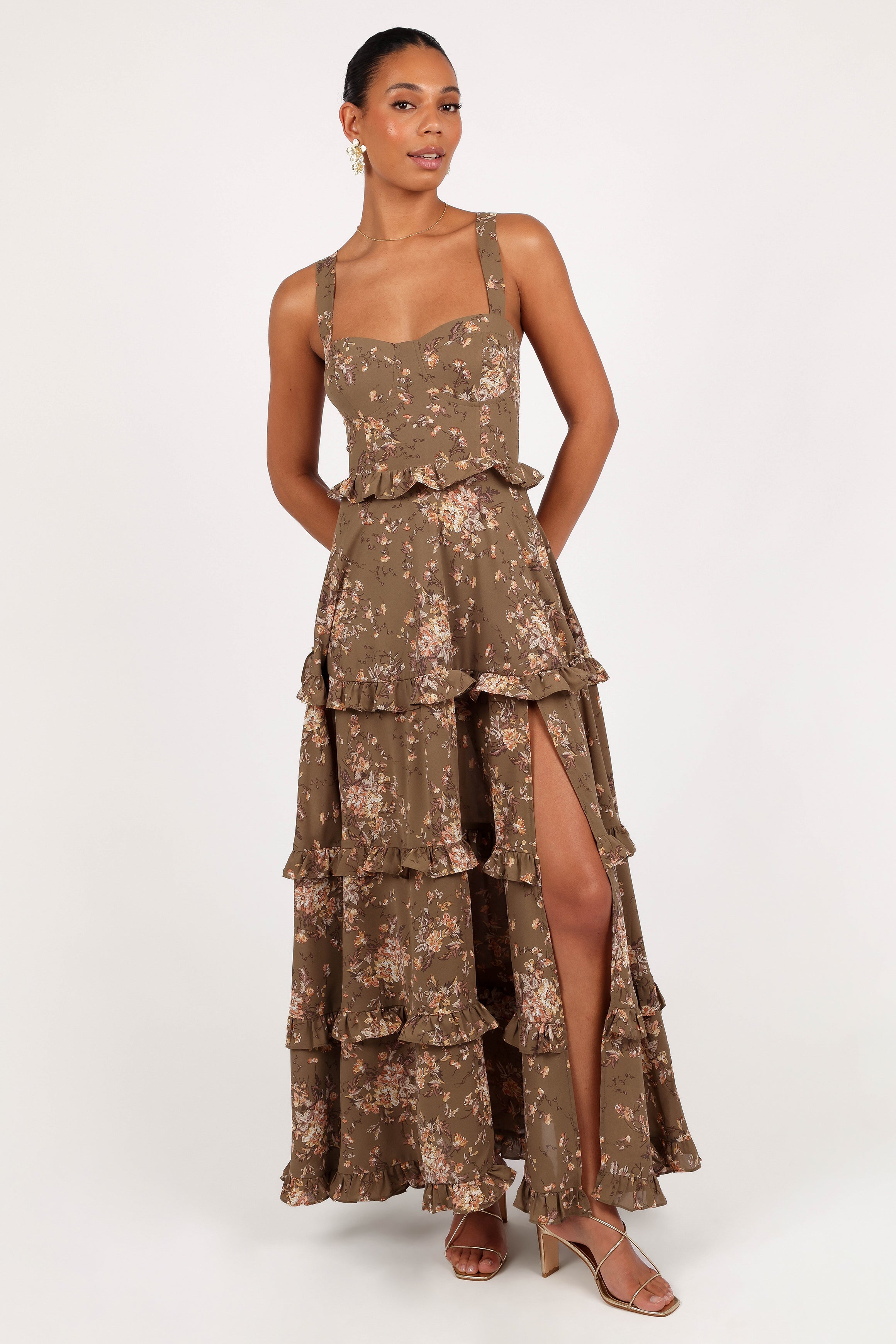 Lillee Tiered Maxi Dress - Olive Print-Aur Fashion