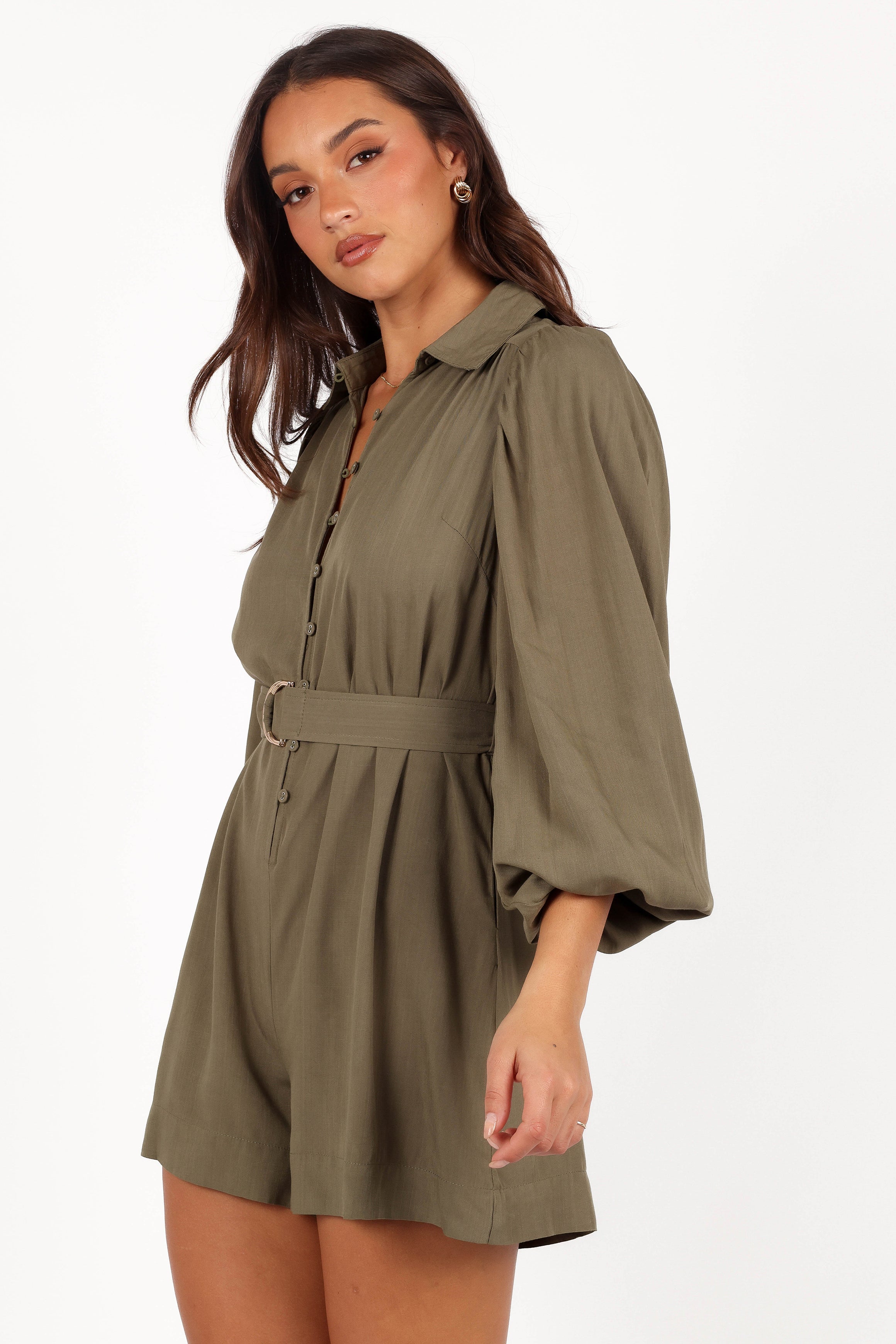 Louise Belted Romper - Khaki-Aur Fashion