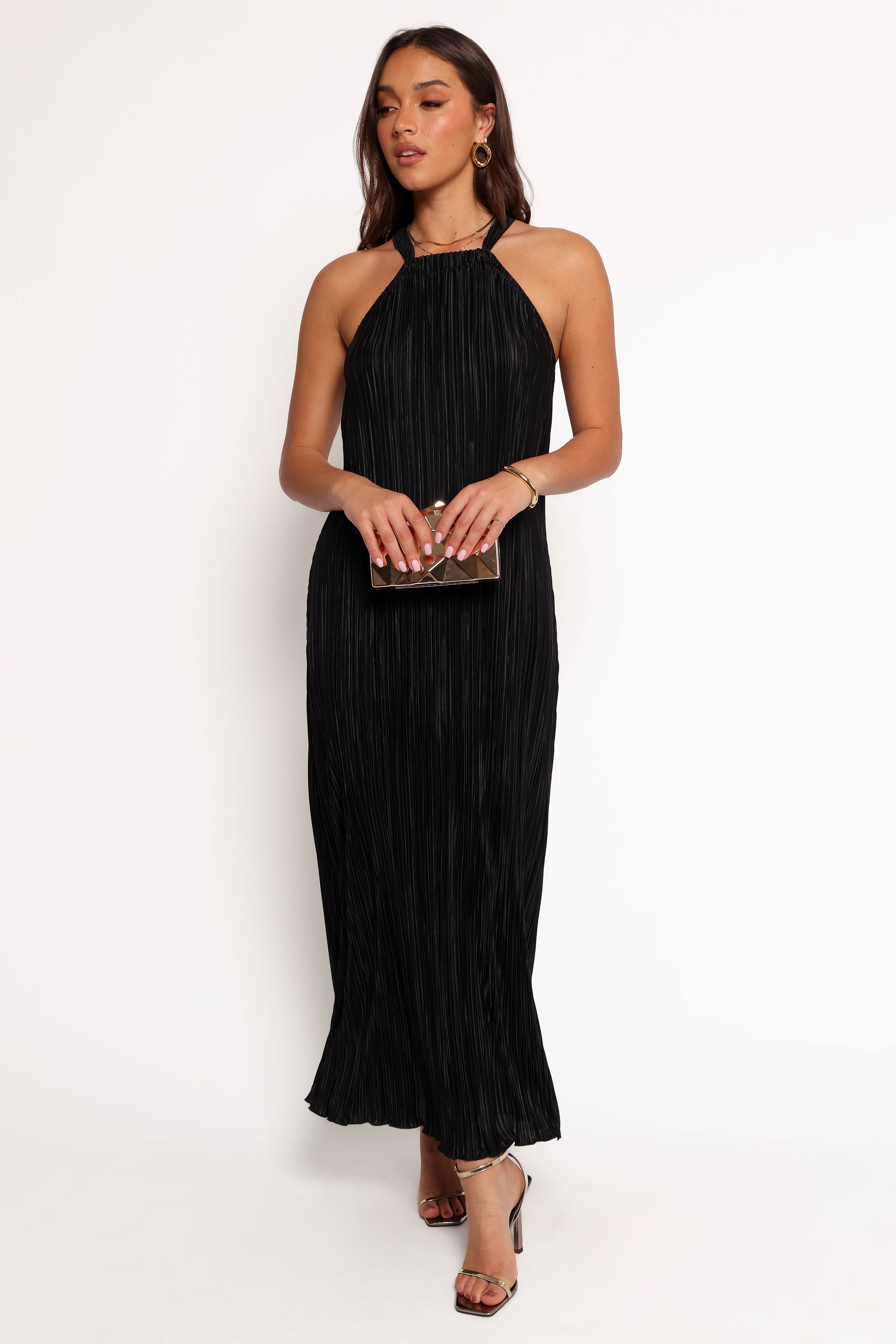 Melody Plisse Halter Maxi Dress - Black-Aur Fashion