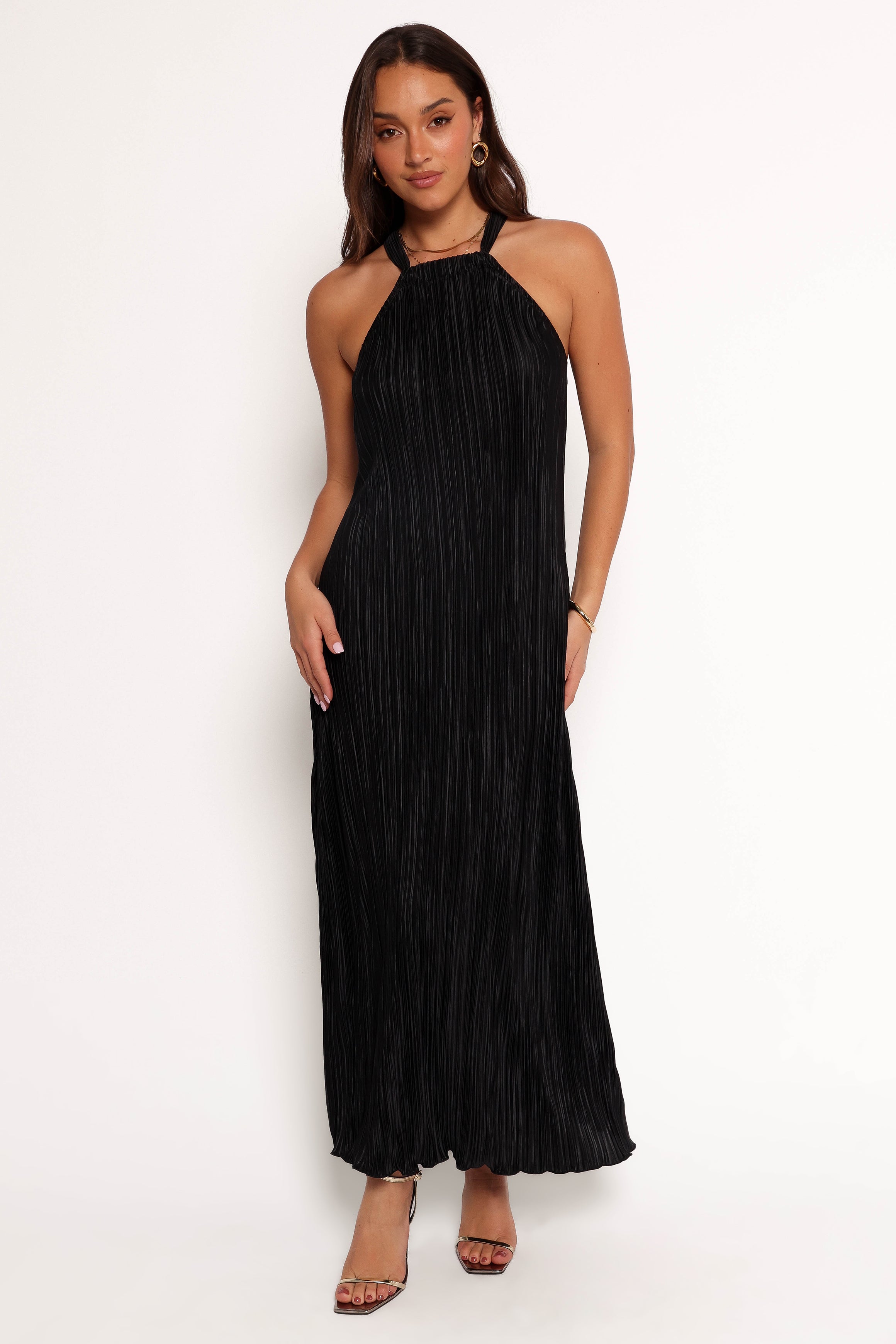 Melody Plisse Halter Maxi Dress - Black-Aur Fashion