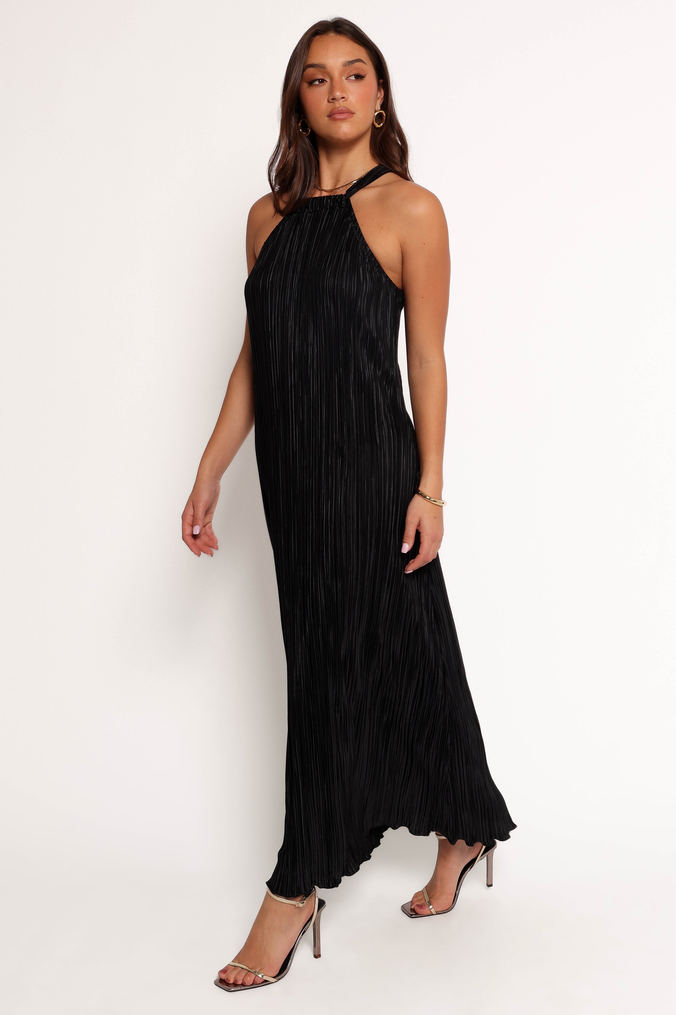 Melody Plisse Halter Maxi Dress - Black-Aur Fashion