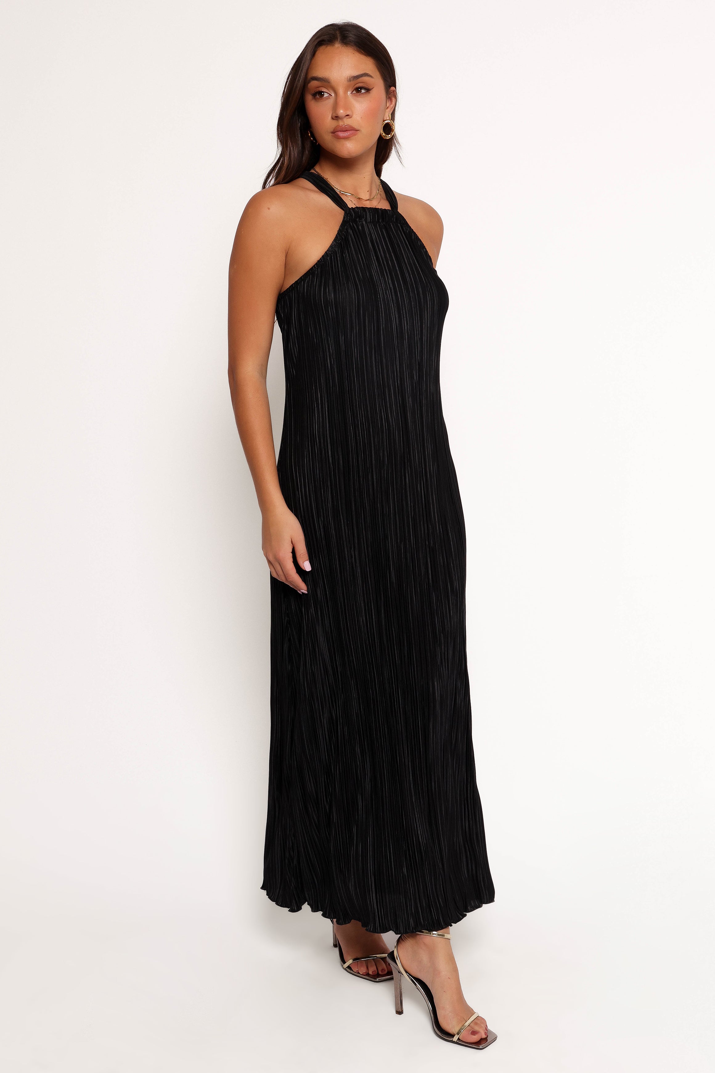 Melody Plisse Halter Maxi Dress - Black-Aur Fashion