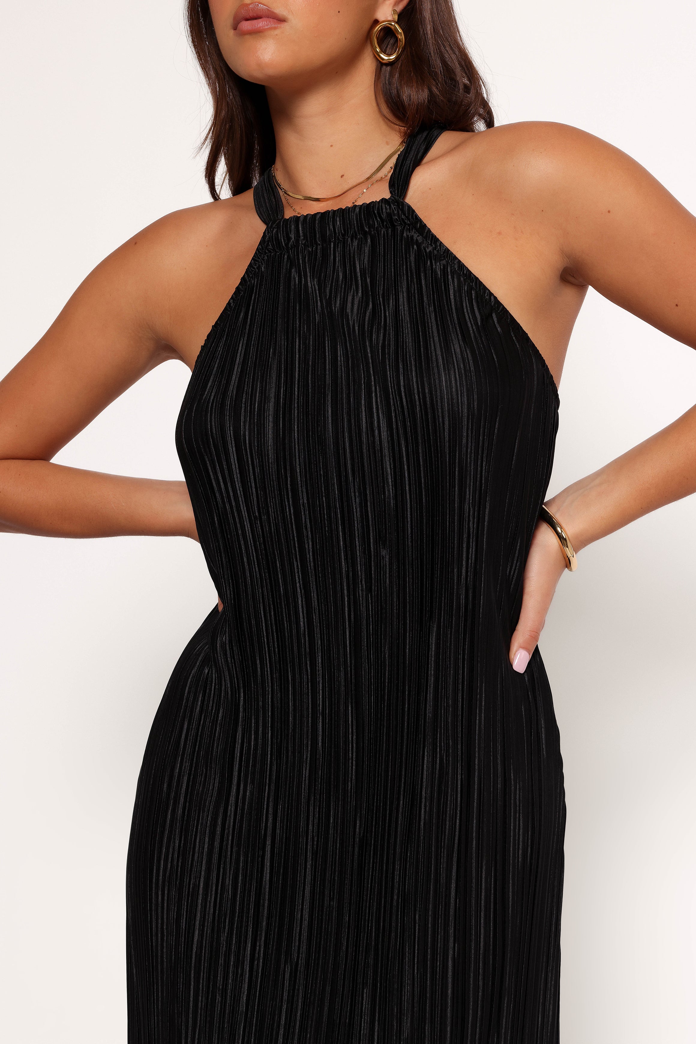 Melody Plisse Halter Maxi Dress - Black-Aur Fashion