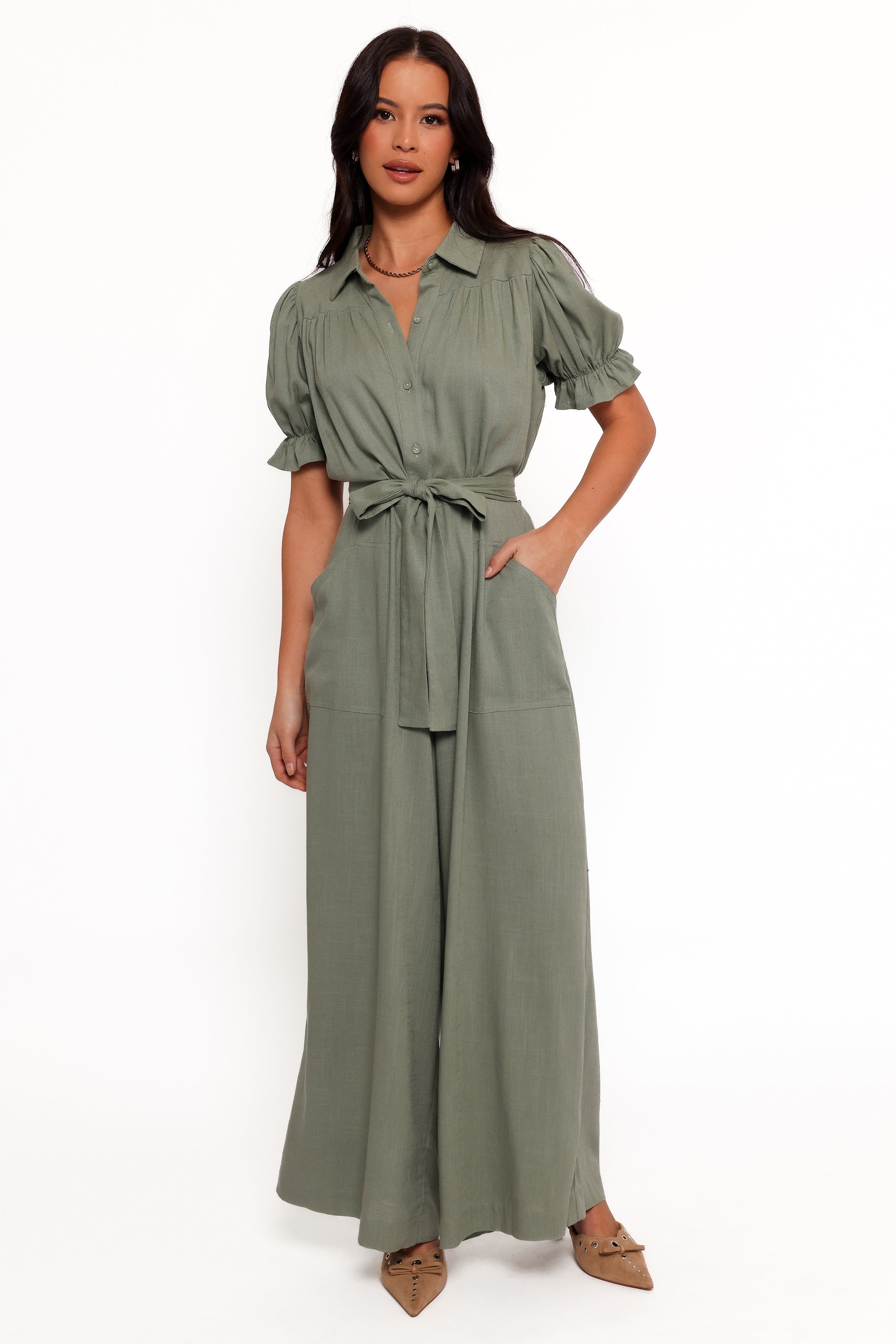Minnie Waist Tie Jumpsuit - Olive-Aur Fashion
