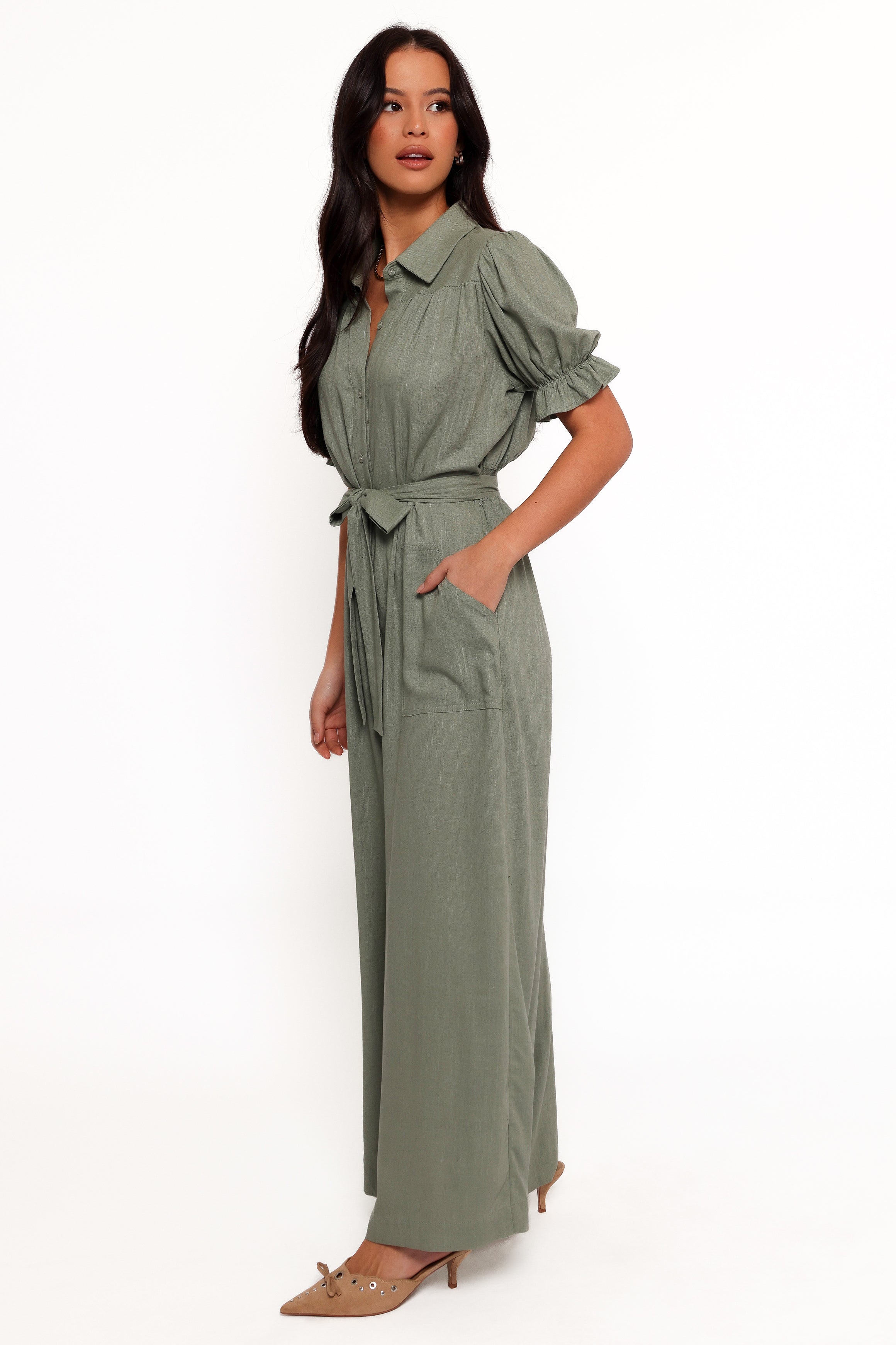 Minnie Waist Tie Jumpsuit - Olive-Aur Fashion