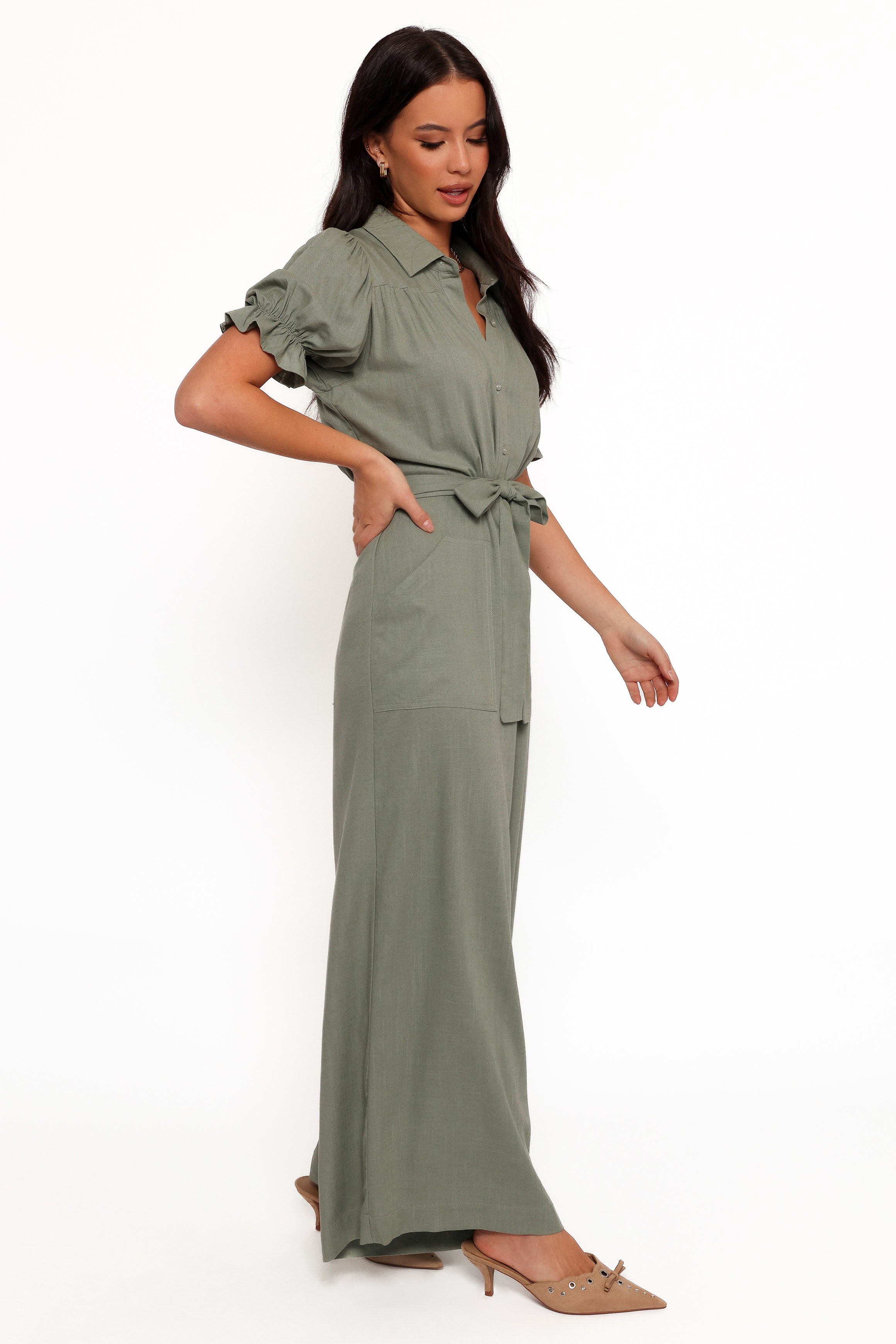 Minnie Waist Tie Jumpsuit - Olive-Aur Fashion