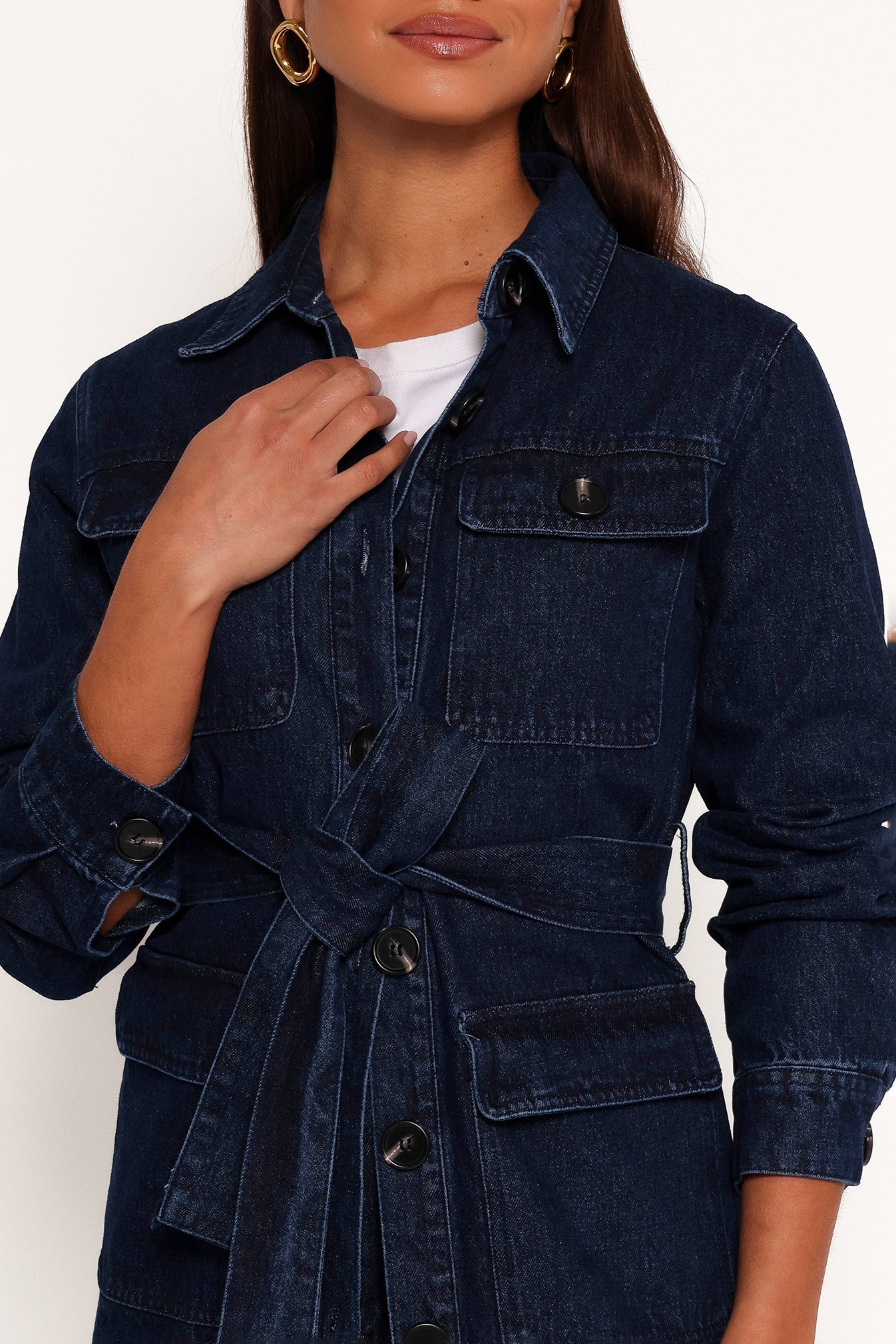 Nadine Tie Waist Button Front Jacket - Denim-Aur Fashion