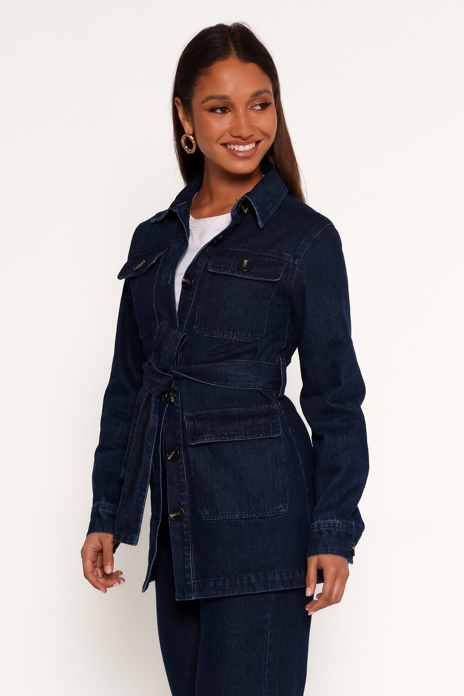 Nadine Tie Waist Button Front Jacket - Denim-Aur Fashion
