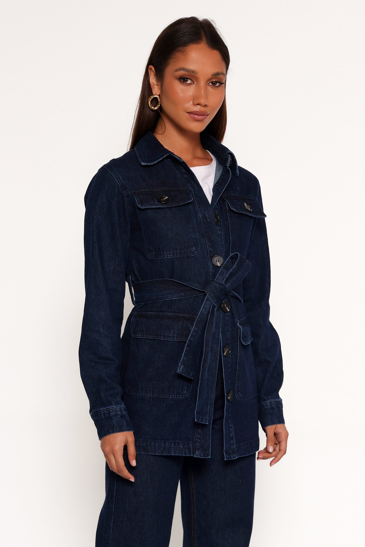 Nadine Tie Waist Button Front Jacket - Denim-Aur Fashion