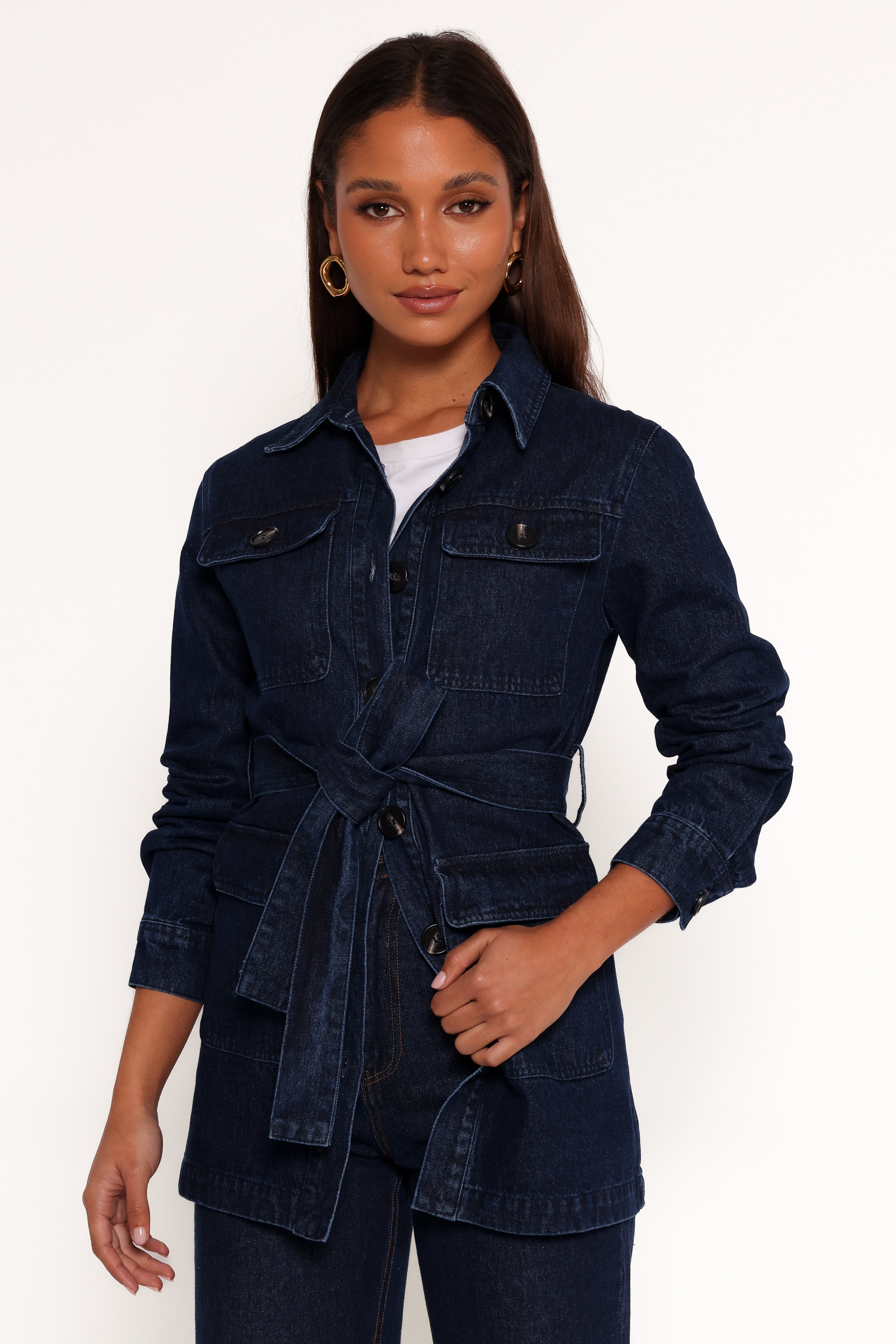 Nadine Tie Waist Button Front Jacket - Denim-Aur Fashion