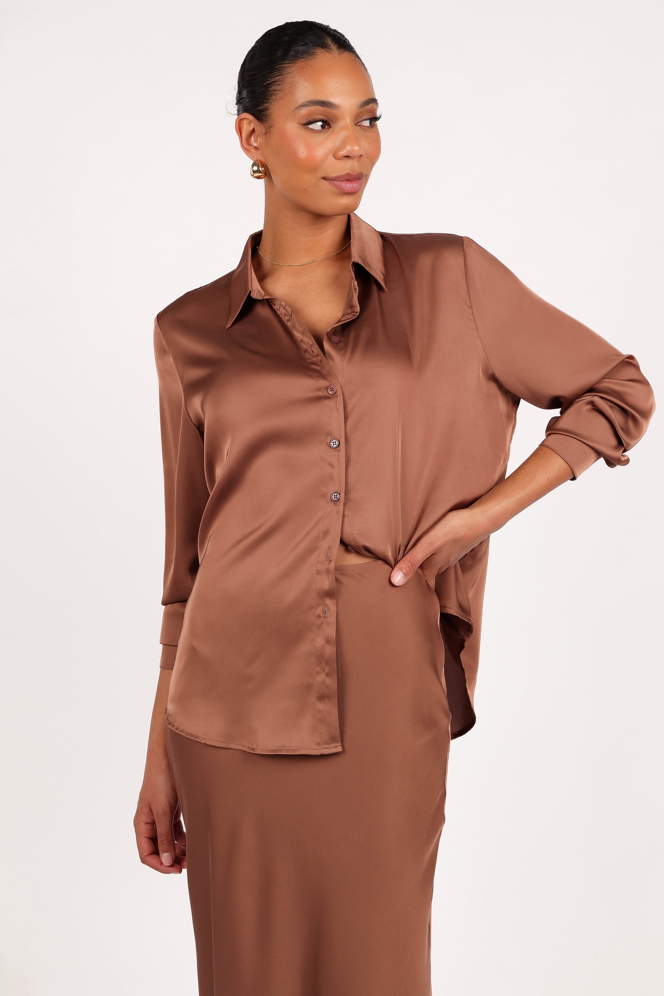 Narissa Satin Shirt - Banksia Brown-Aur Fashion
