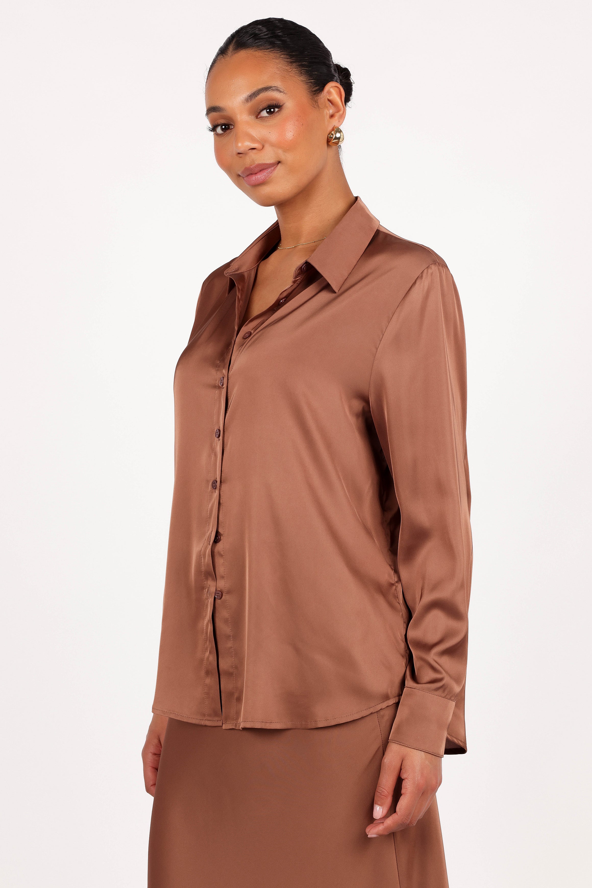 Narissa Satin Shirt - Banksia Brown-Aur Fashion