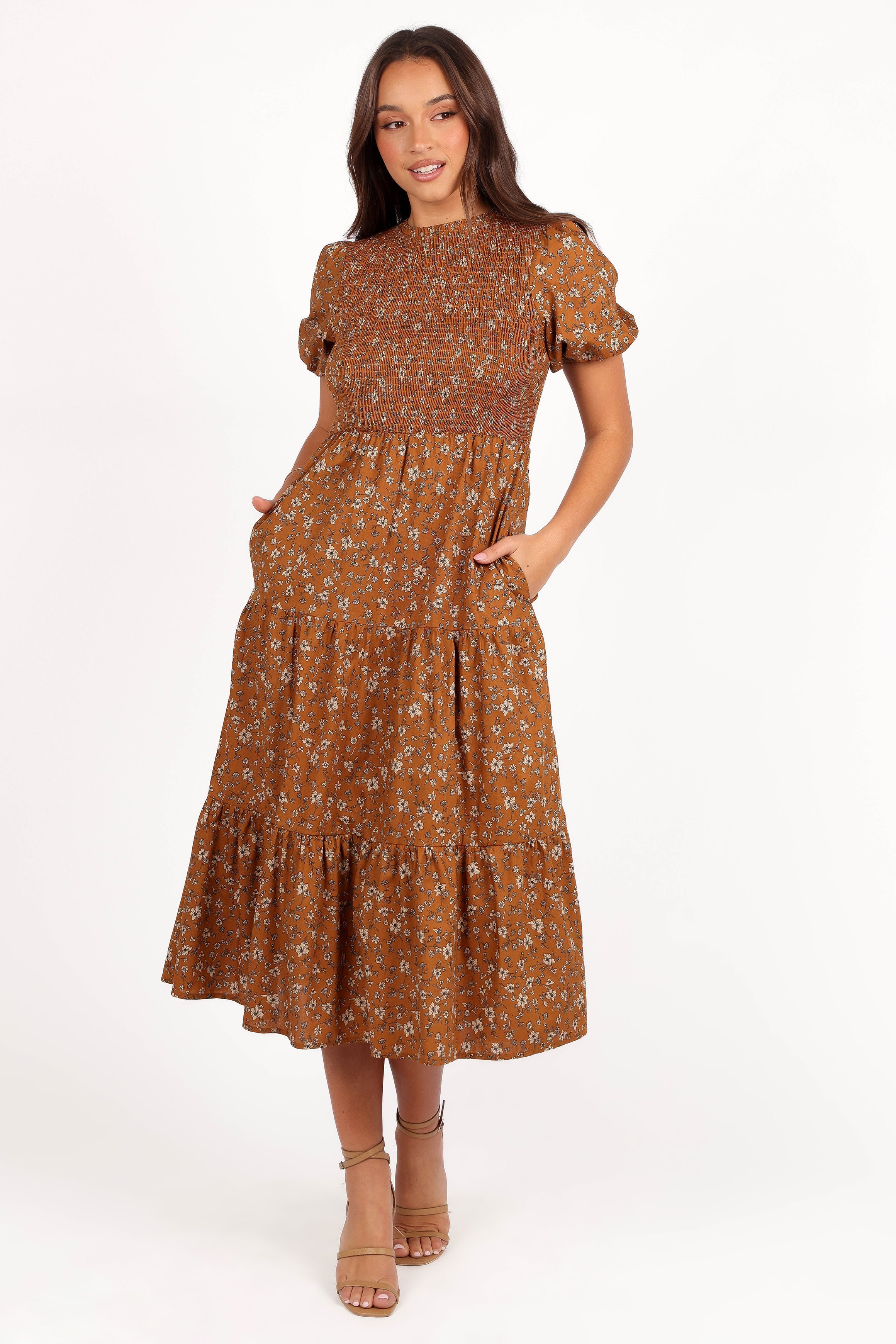 Naura Shirred Tiered Midi Dress - Cognac Floral-Aur Fashion