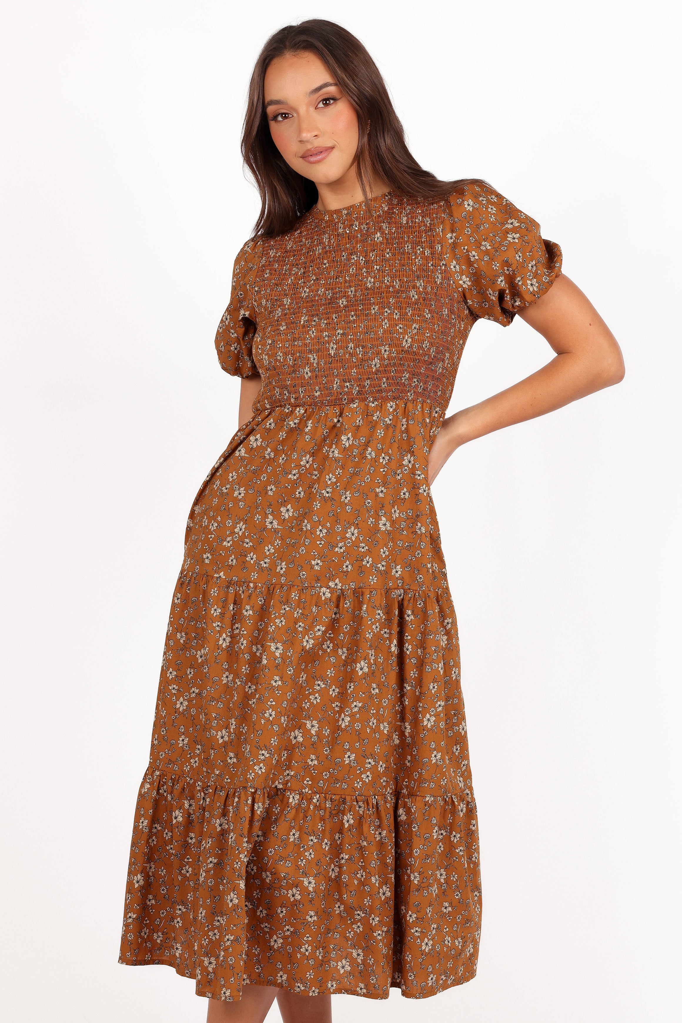 Naura Shirred Tiered Midi Dress - Cognac Floral-Aur Fashion