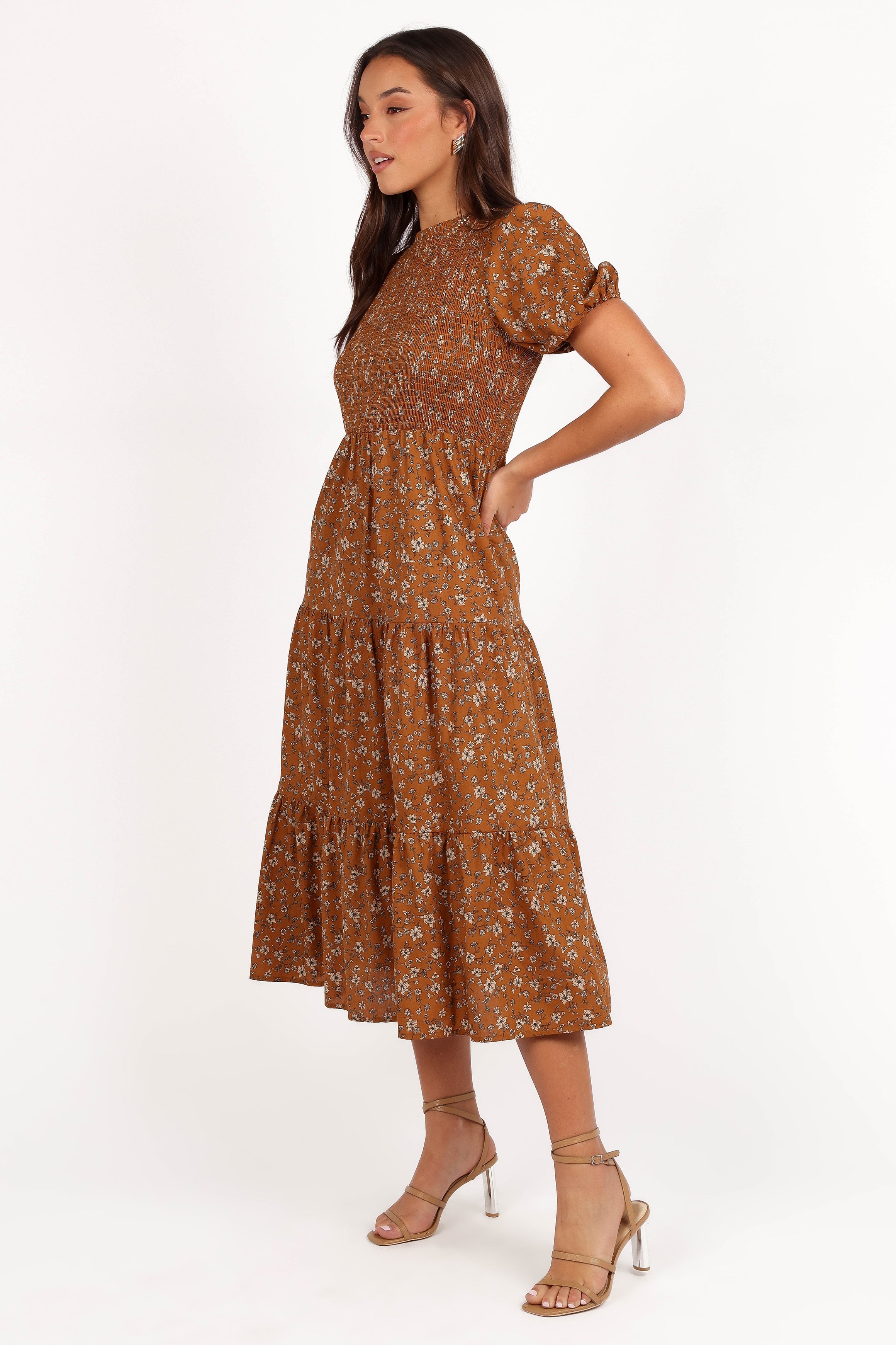 Naura Shirred Tiered Midi Dress - Cognac Floral-Aur Fashion