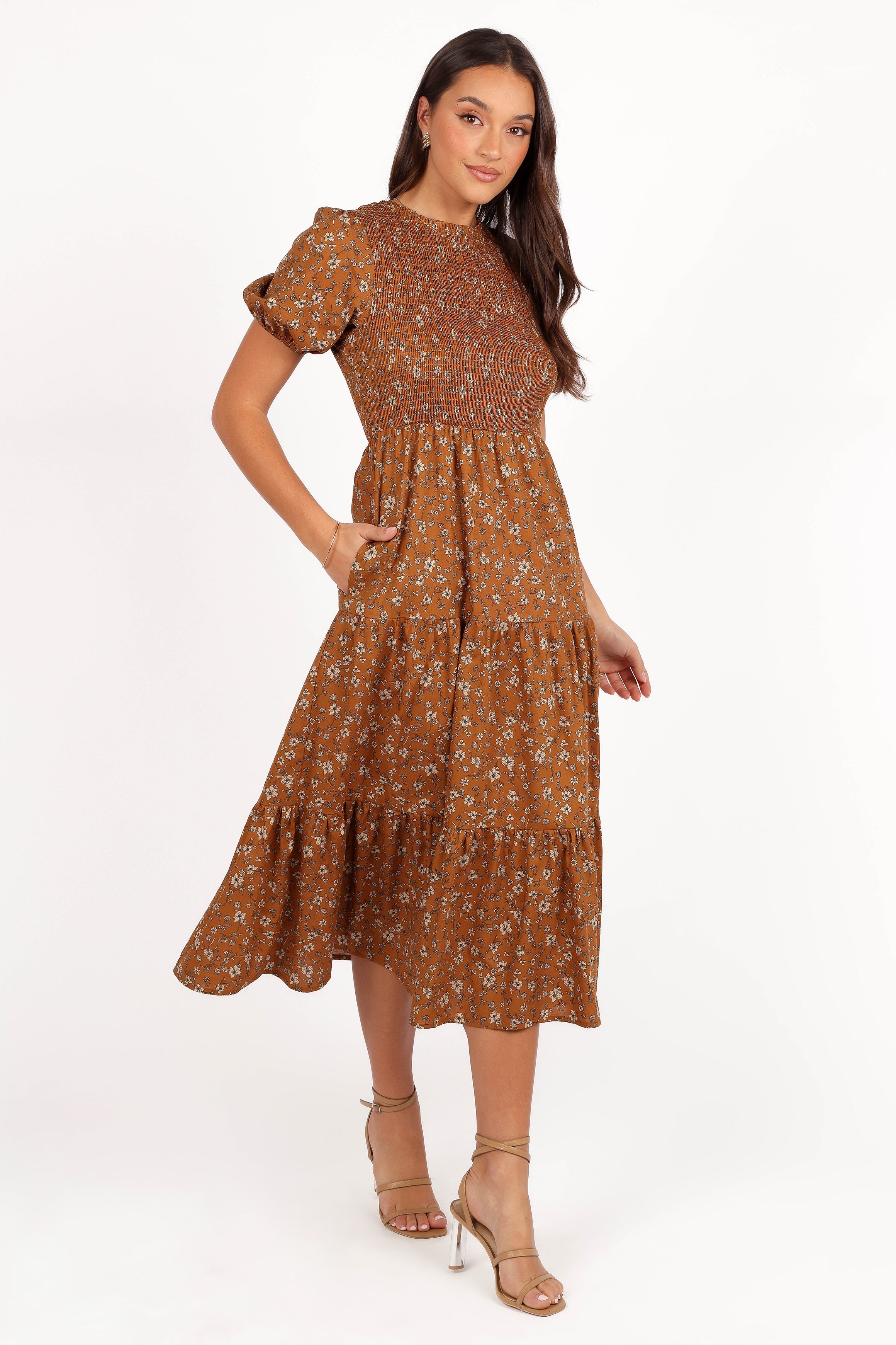 Naura Shirred Tiered Midi Dress - Cognac Floral-Aur Fashion