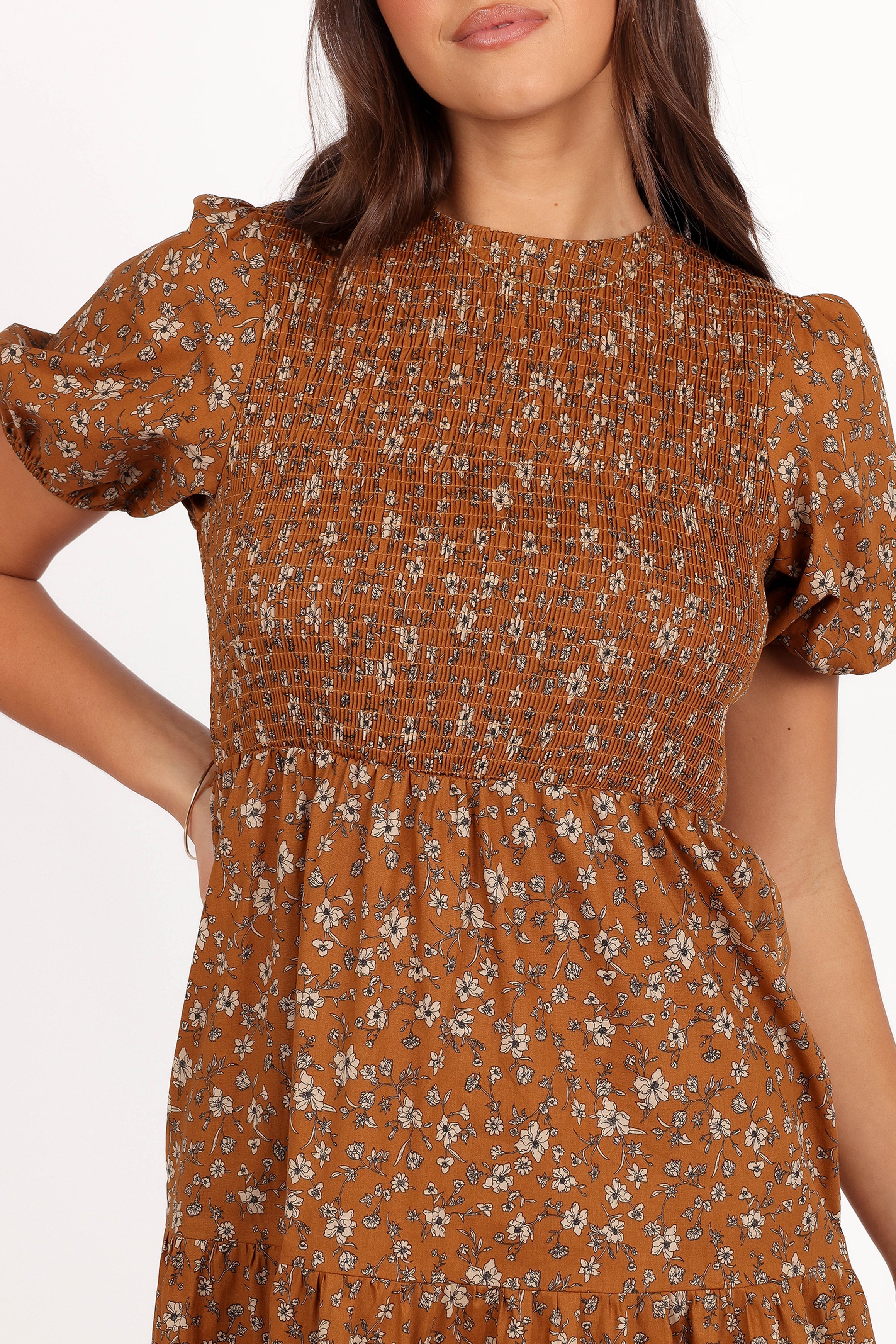 Naura Shirred Tiered Midi Dress - Cognac Floral-Aur Fashion