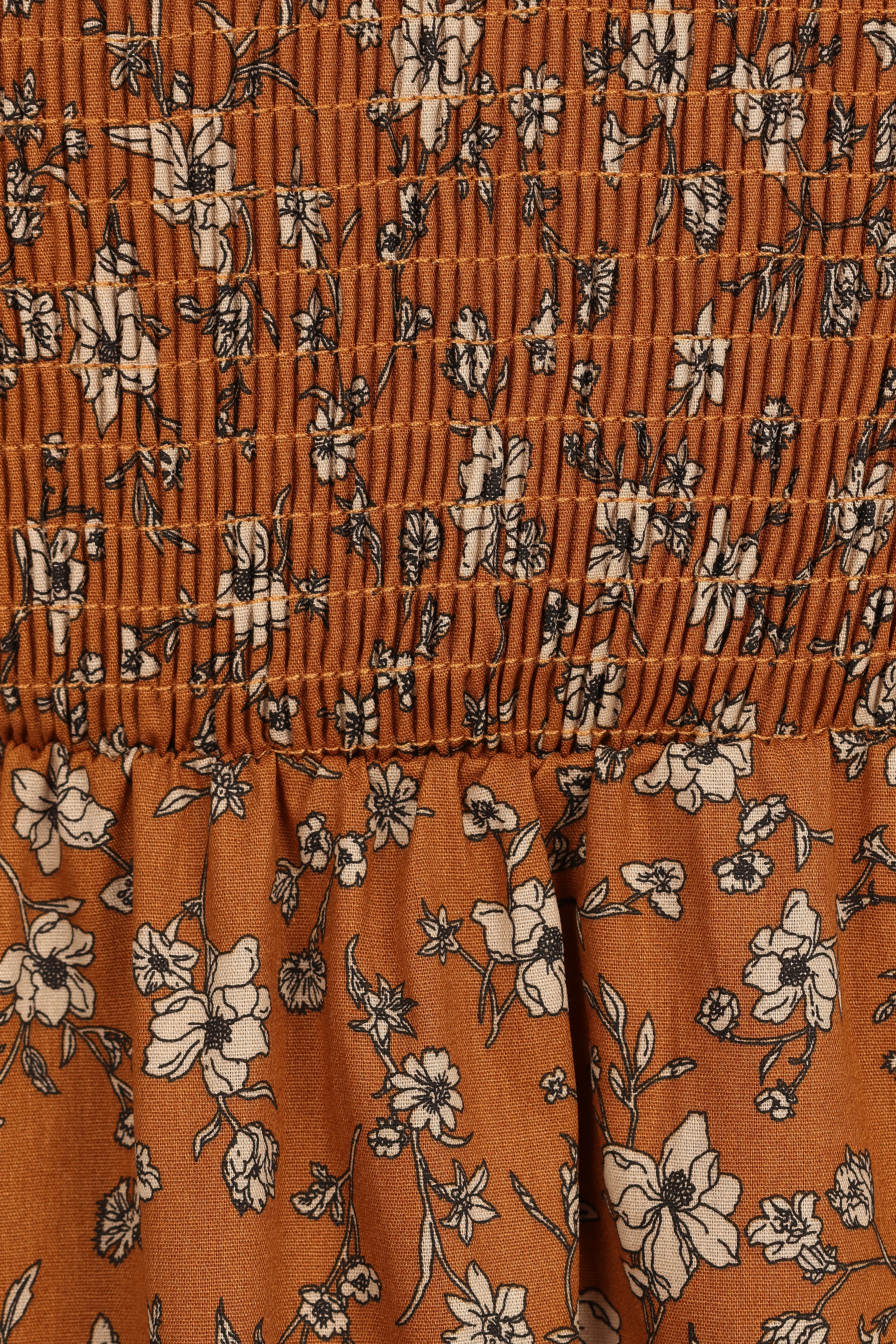 Naura Shirred Tiered Midi Dress - Cognac Floral-Aur Fashion