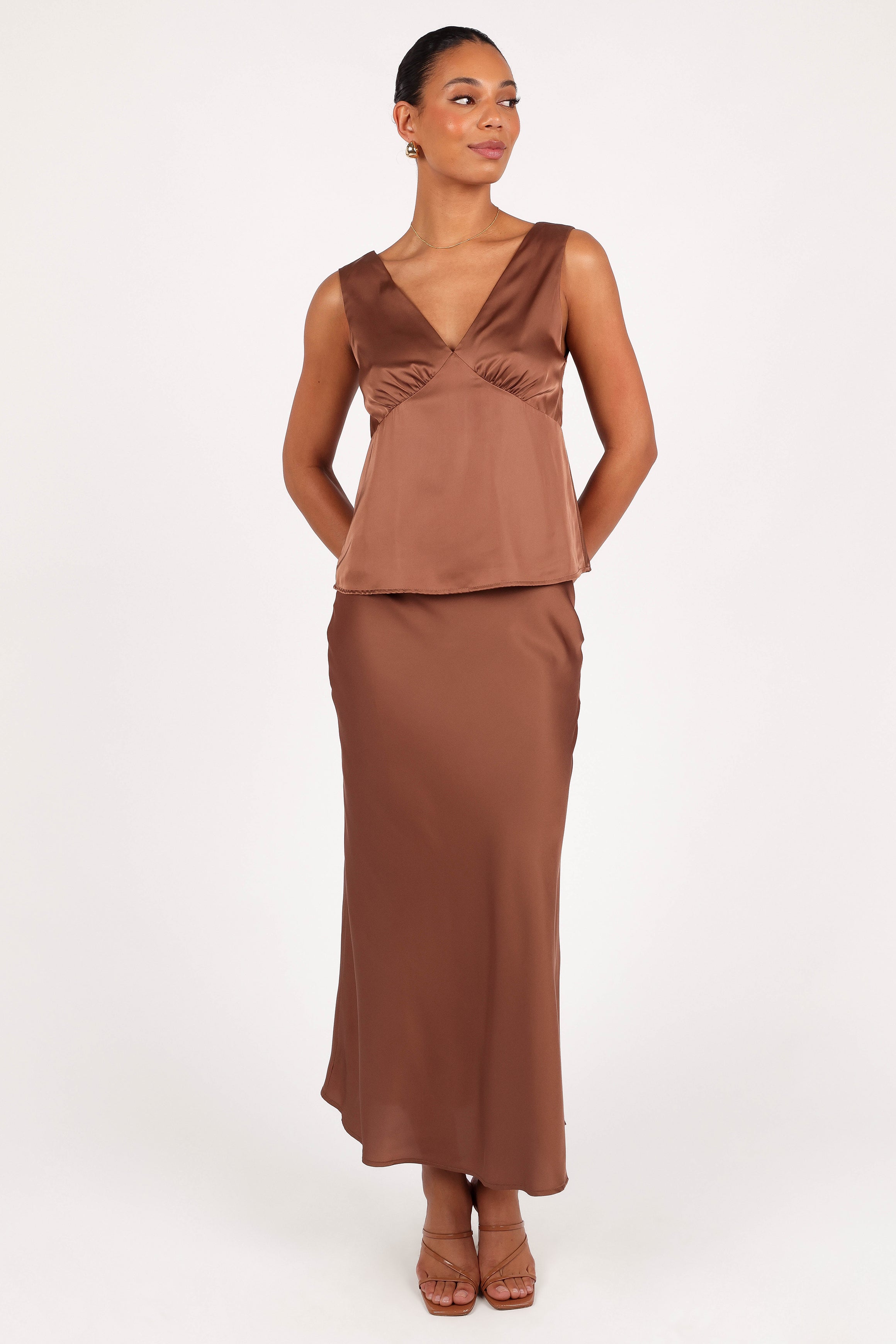 Nellie Satin Midi Skirt - Banksia Brown-Aur Fashion