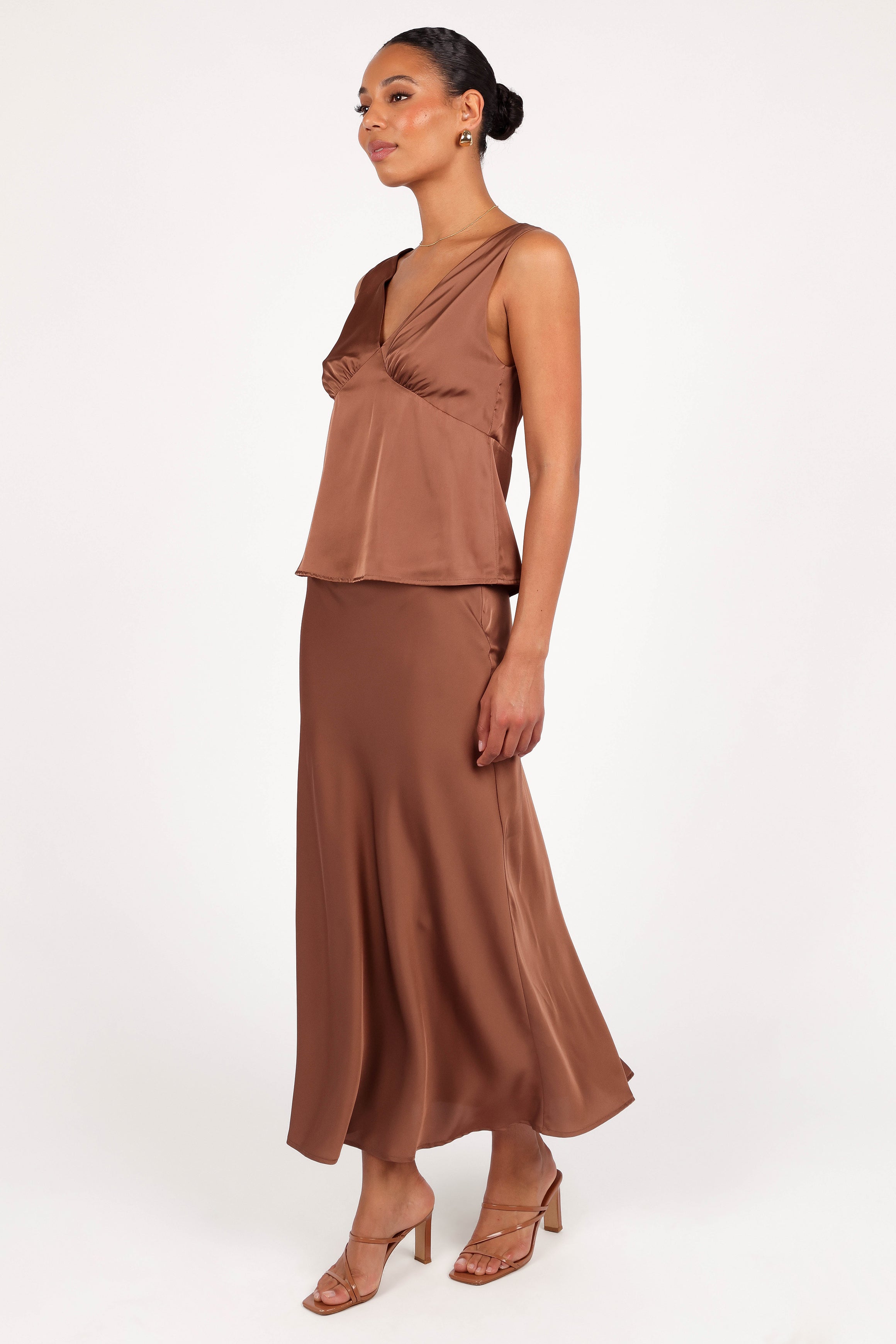Nellie Satin Midi Skirt - Banksia Brown-Aur Fashion