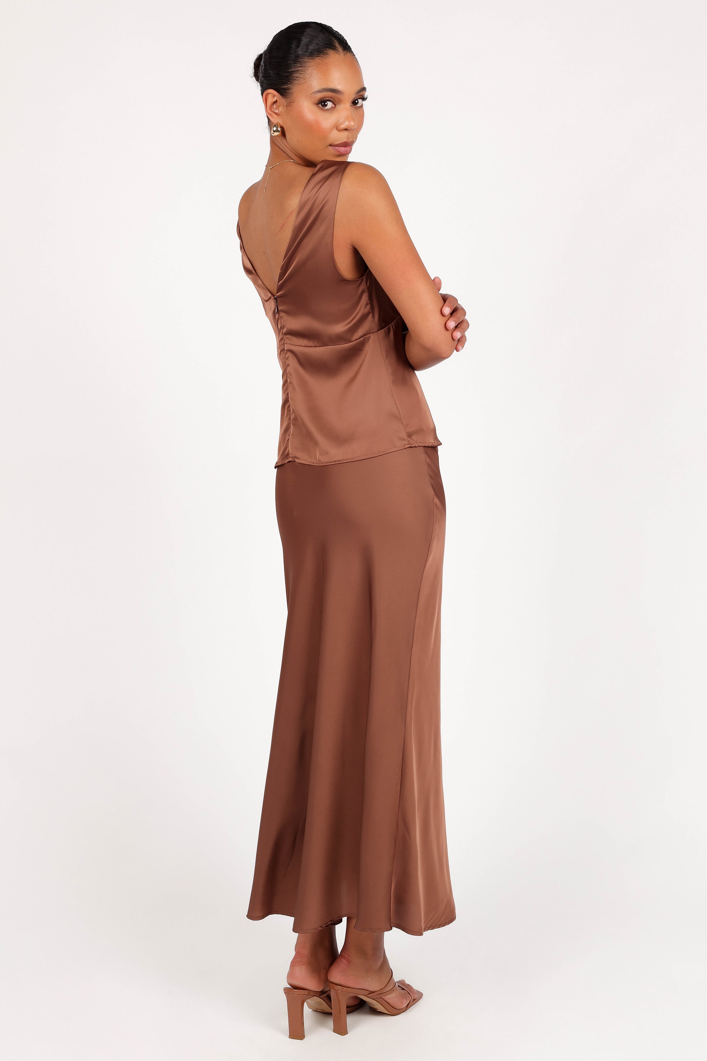 Nellie Satin Midi Skirt - Banksia Brown-Aur Fashion