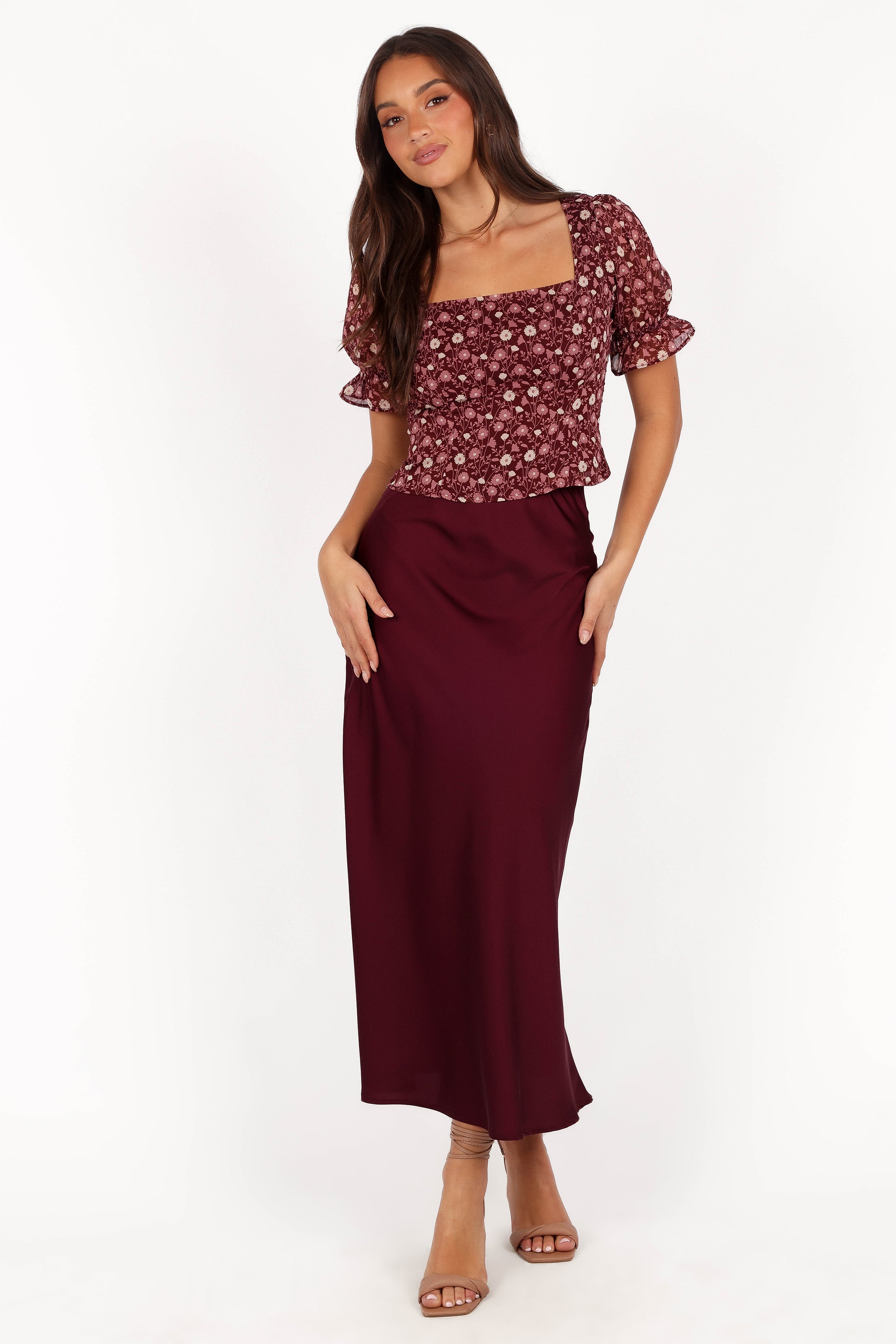 Nellie Satin Midi Skirt - Burgundy-Aur Fashion