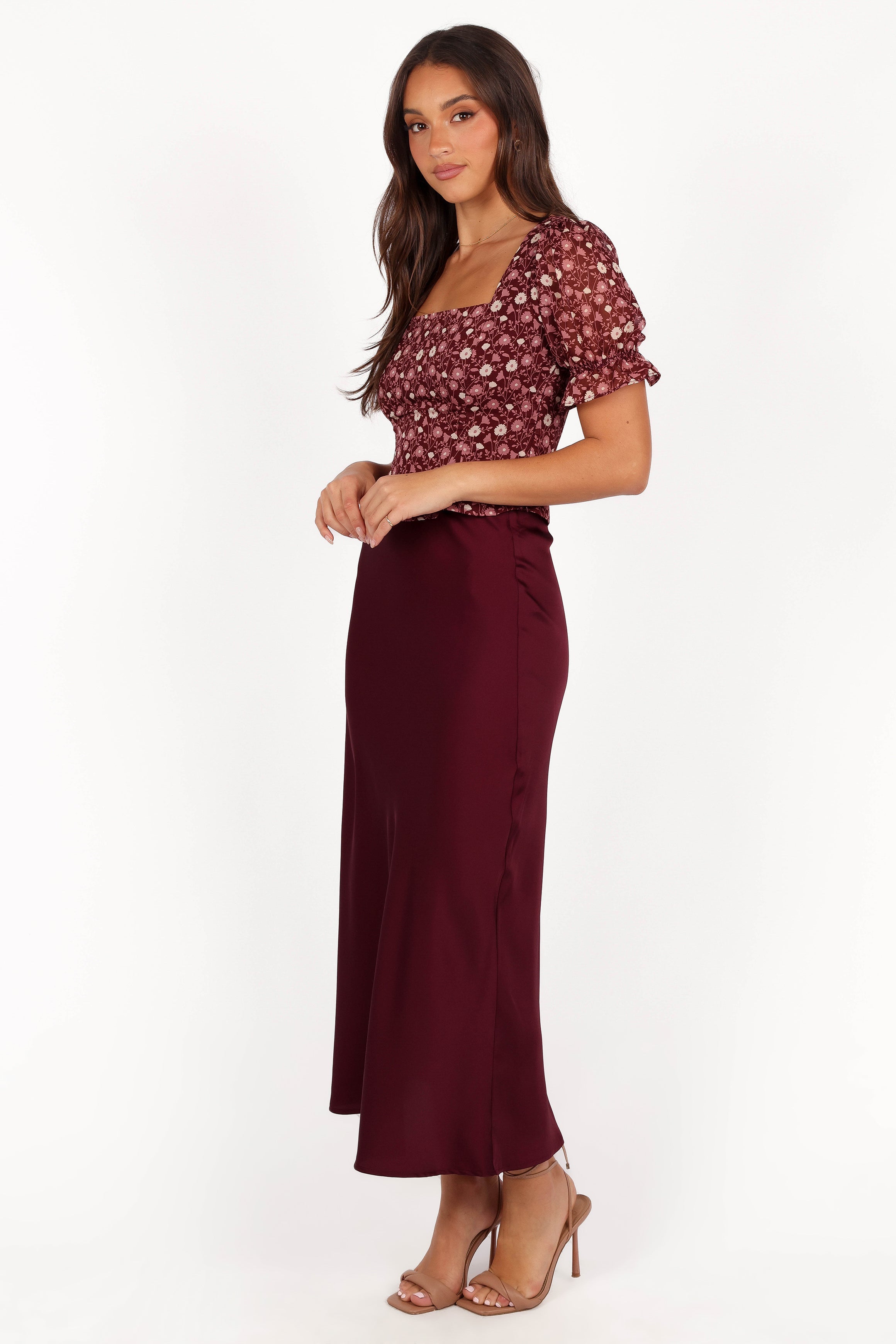 Nellie Satin Midi Skirt - Burgundy-Aur Fashion