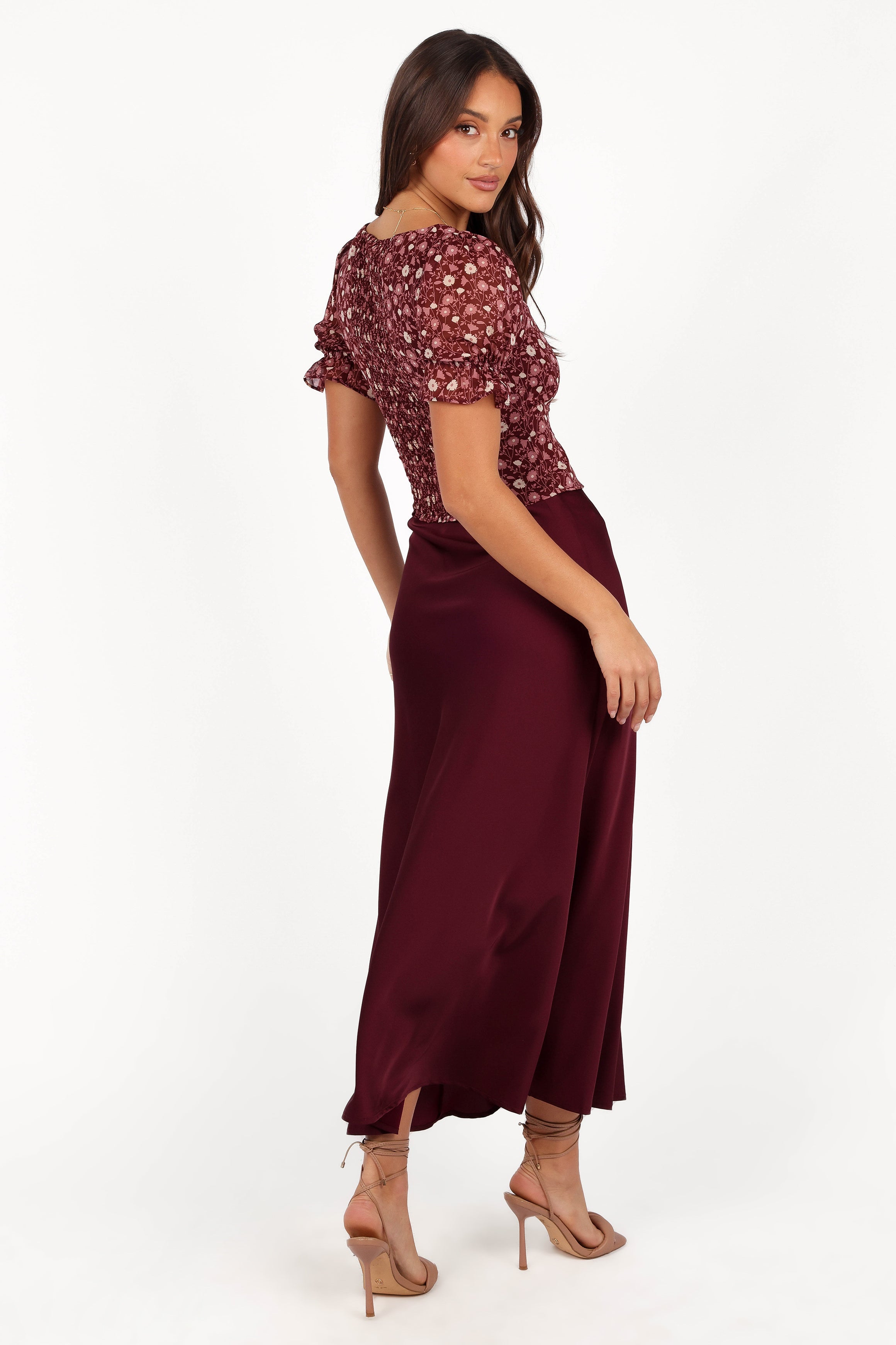 Nellie Satin Midi Skirt - Burgundy-Aur Fashion