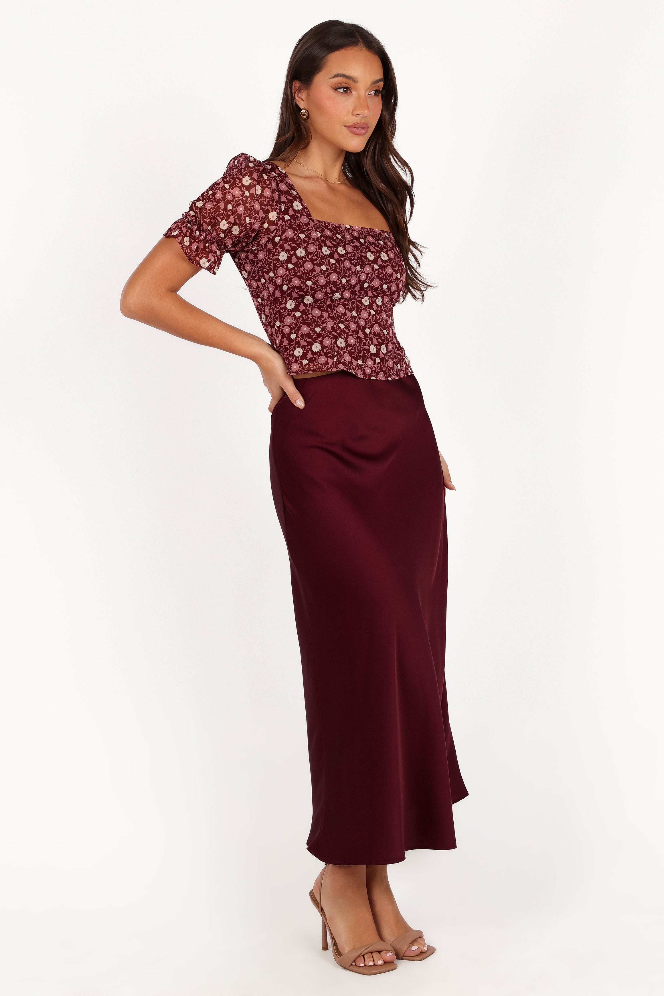 Nellie Satin Midi Skirt - Burgundy-Aur Fashion