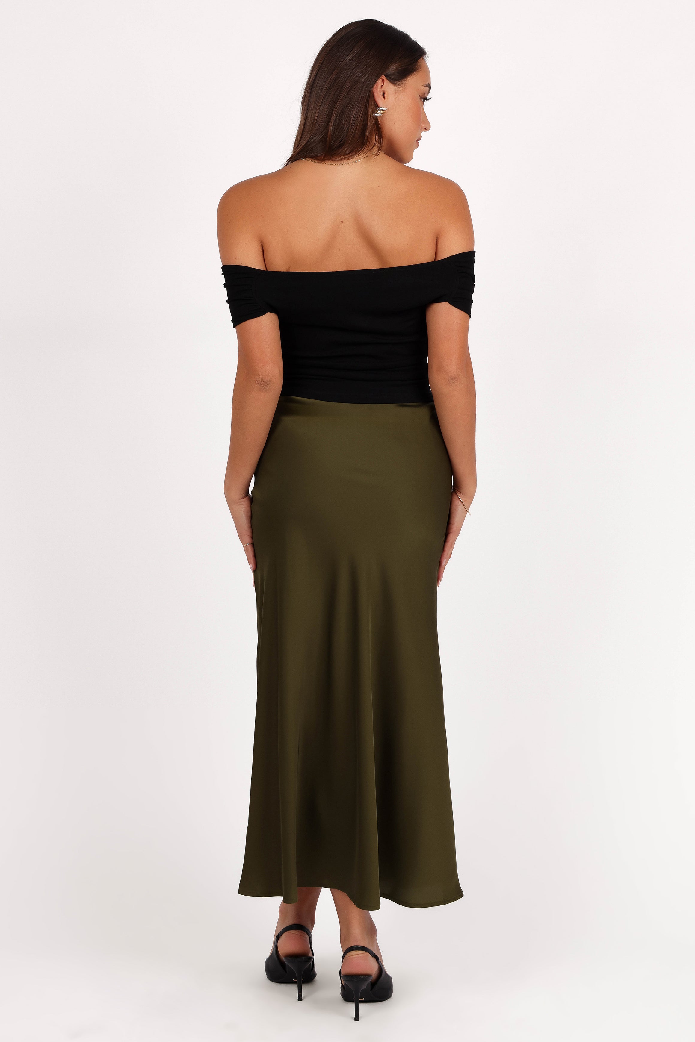 Nellie Satin Midi Skirt - Olive-Aur Fashion