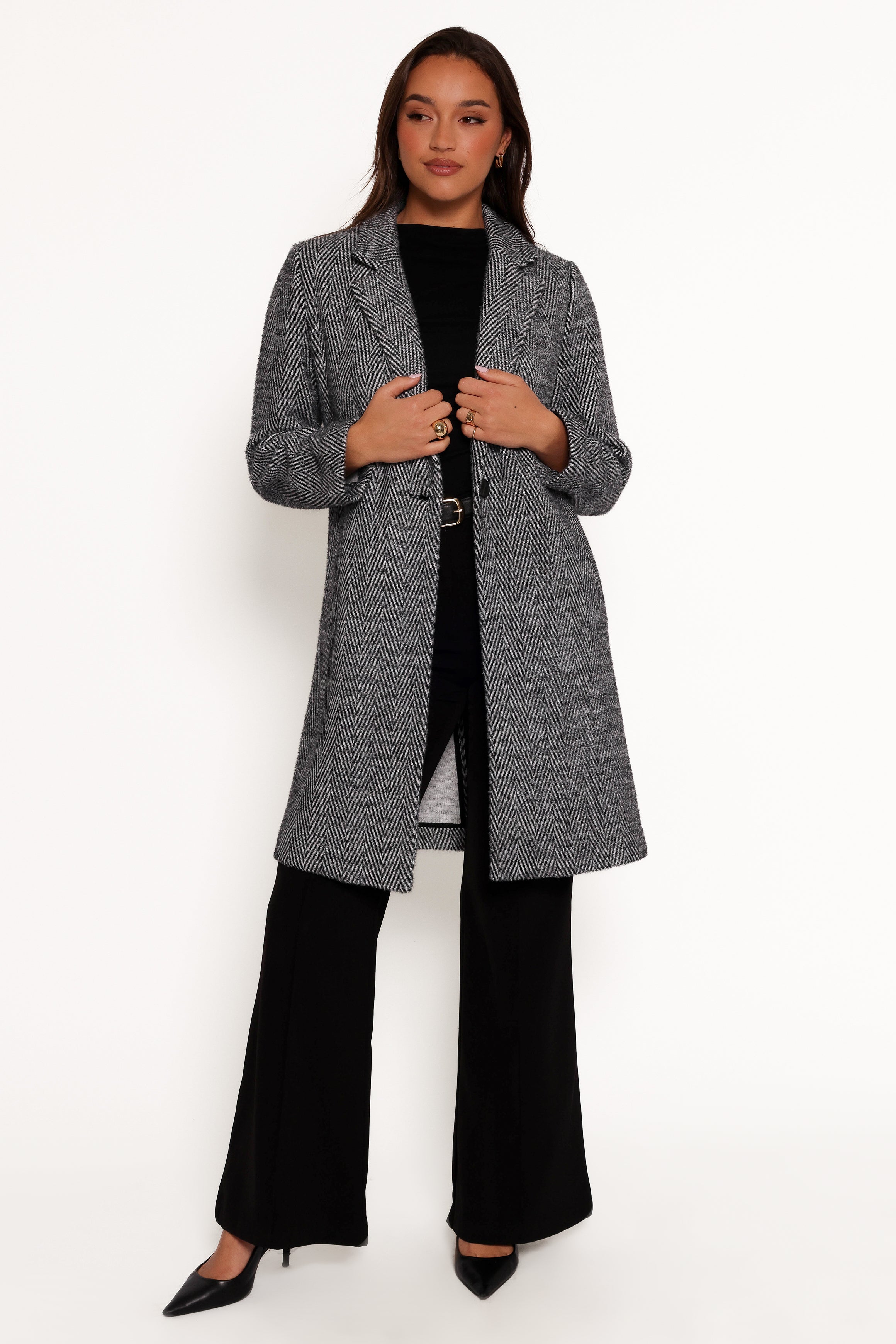 Nicoletta Single Button Herringbone Coat - Black-Aur Fashion