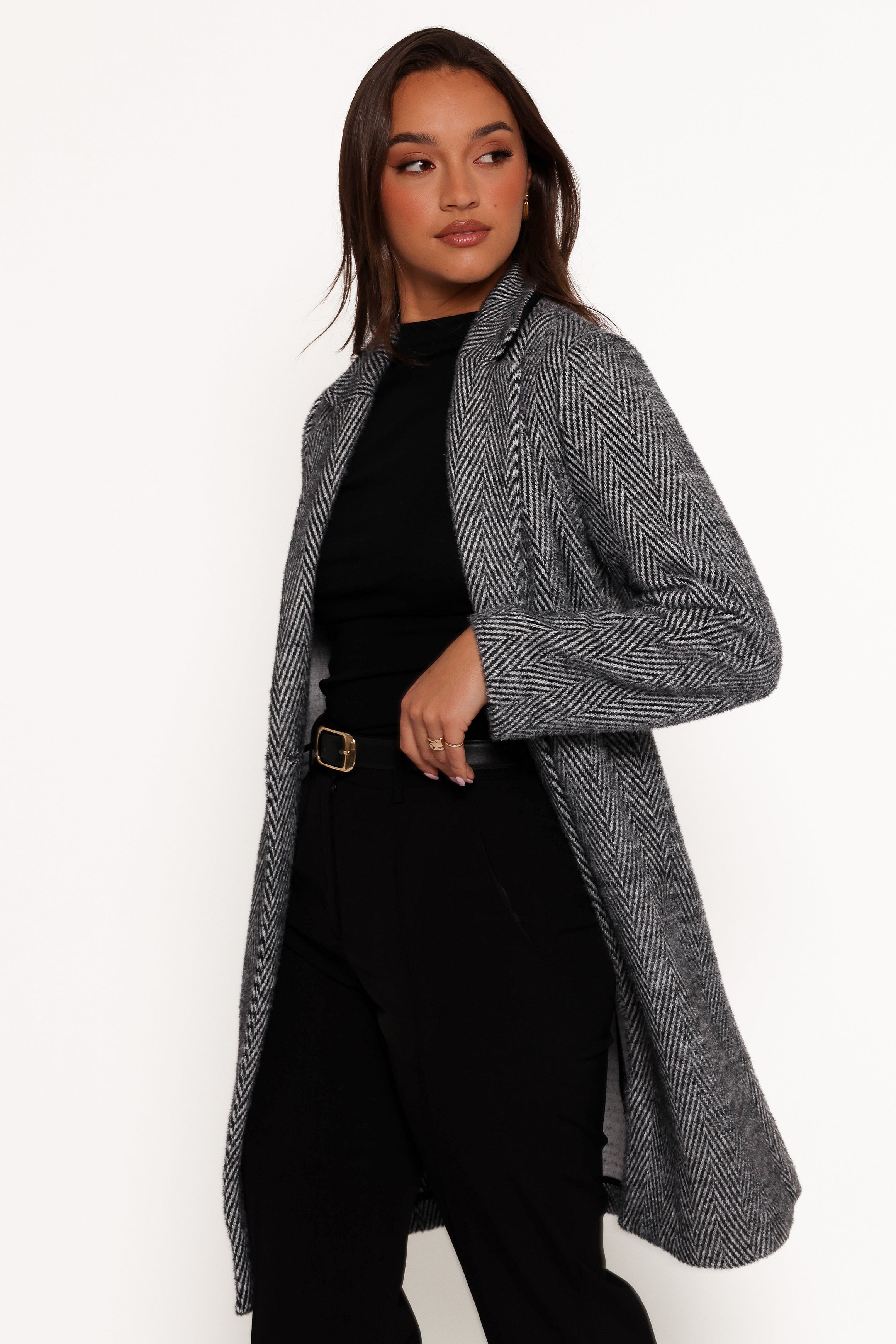 Nicoletta Single Button Herringbone Coat - Black-Aur Fashion