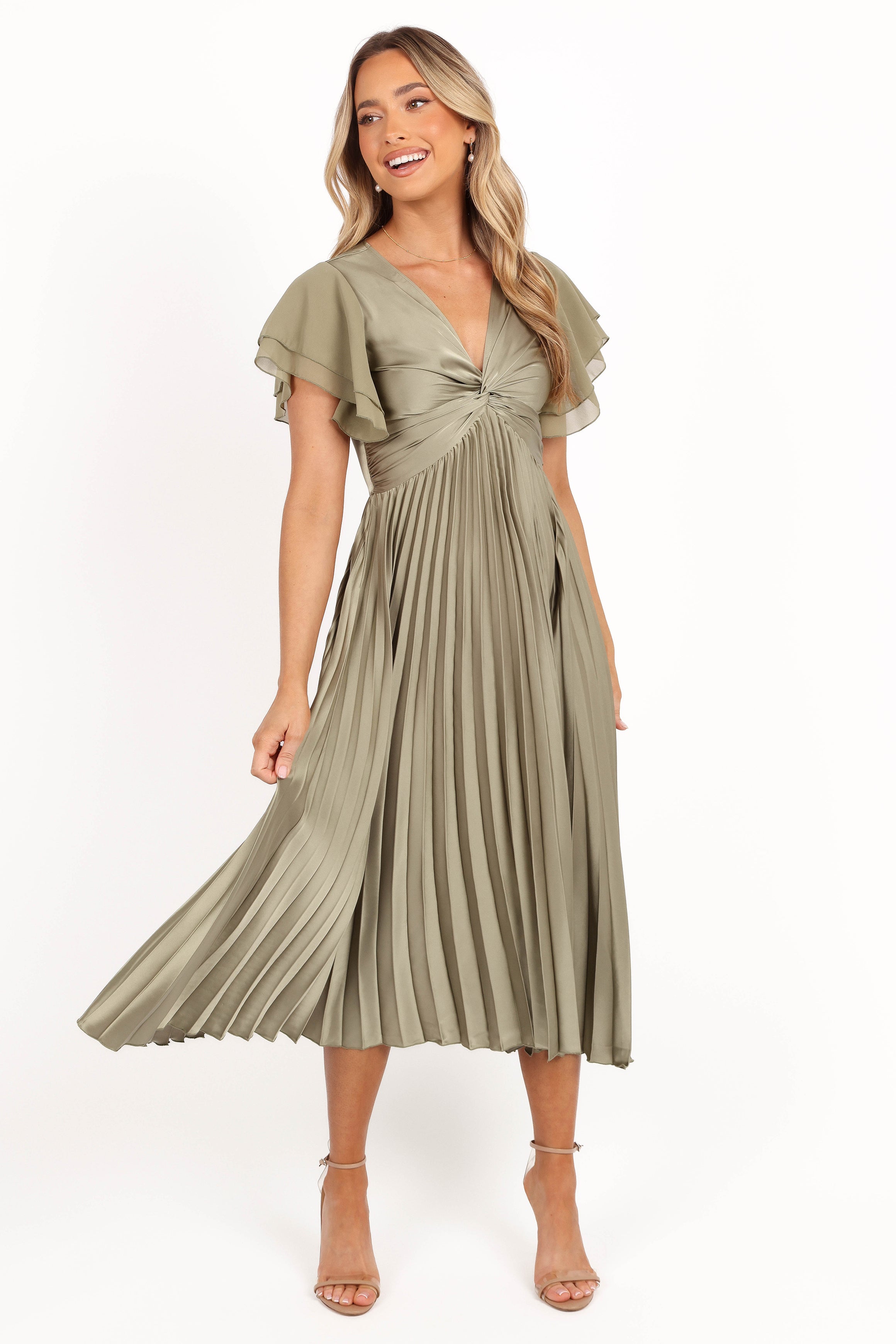 Nova Flutter Sleeve Midi Dress - Olive-Aur Fashion
