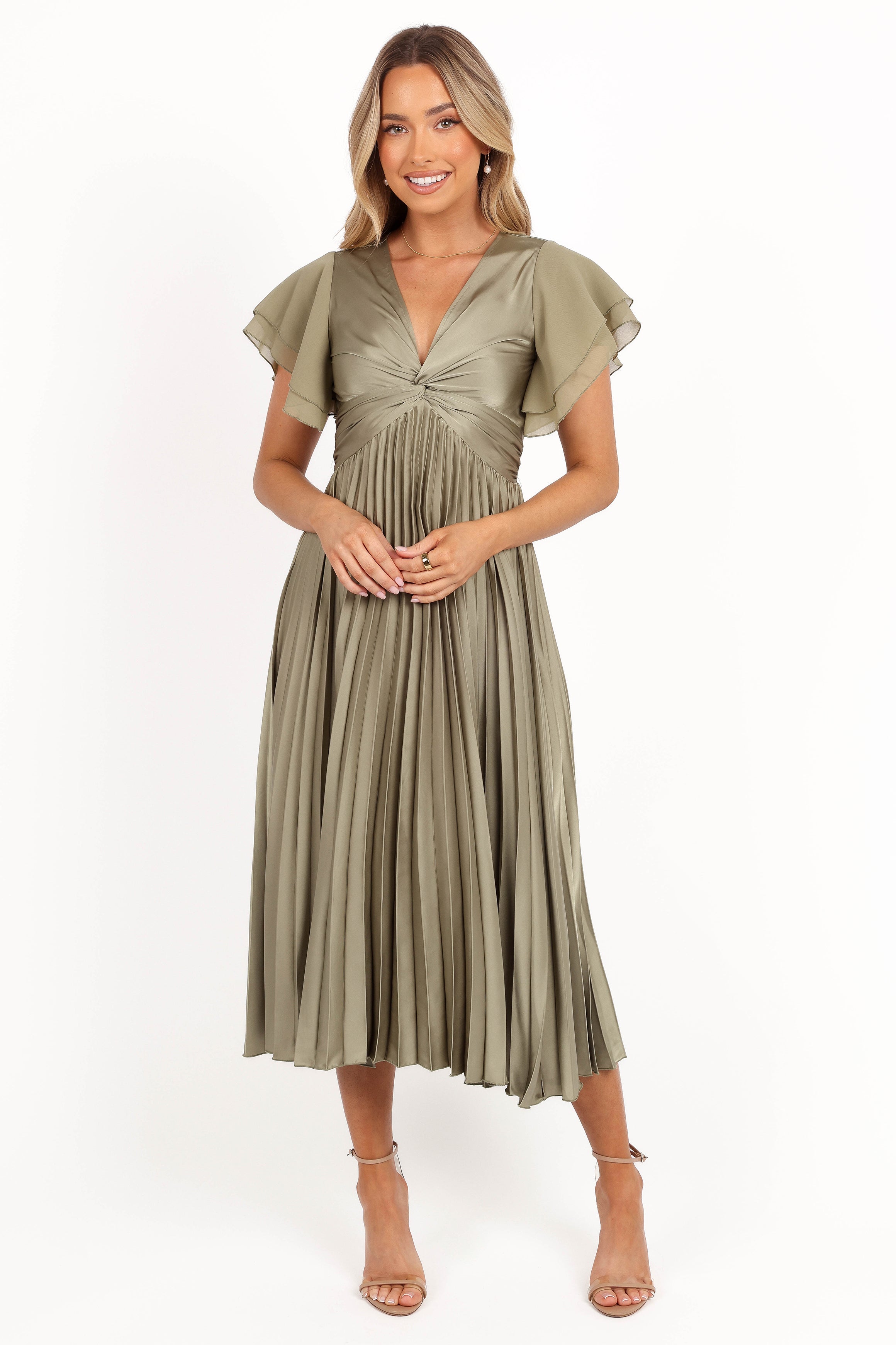 Nova Flutter Sleeve Midi Dress - Olive-Aur Fashion
